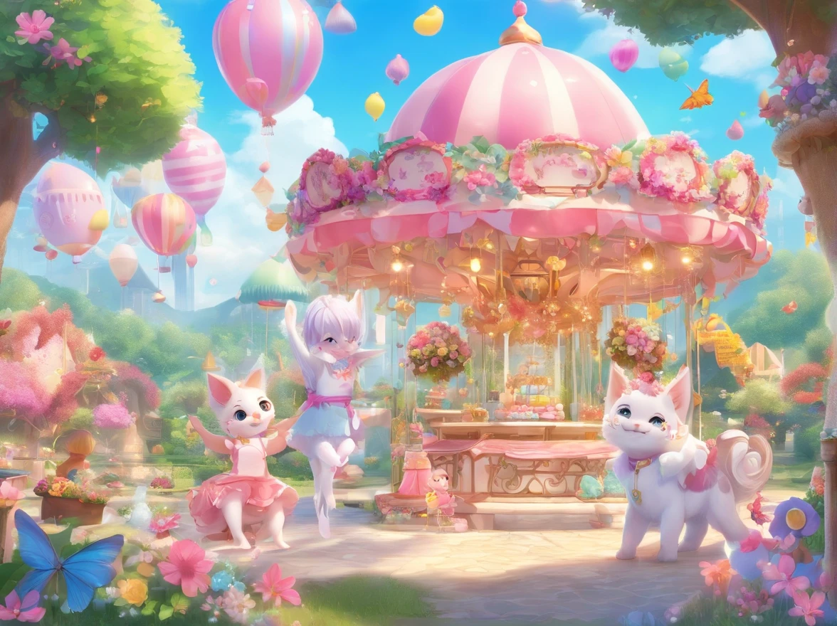 (cute:1.1,pink:1.1,aesthetic:1.2),whimsical fantasy land,large, [pastel colors], [soft lighting], [dreamy atmosphere], [fluffy clouds], [colorful balloons], [sparkling stars], [lush greenery], [giant mushrooms], [rolling hills], [butterflies], [bunny rabbits], [giggling fairies], [flowing waterfalls], [glimmering rainbow], [giggling girls], [gazing at the sunset], [twinkling lights], [delicate flowers], [enchanted castle], [magical creatures], [laughing unicorns], [singing birds], [dancing elephants], [fancy tea party], [candy-filled sky], [floating bubbles], [delicious sweets], [playful kittens], [whispering trees], [magical swings], [sentimental hidden spots], [giant lollipops], [giggling fountains], (realistic,photorealistic:1.37), (best quality,4k,8k,highres,masterpiece:1.2)