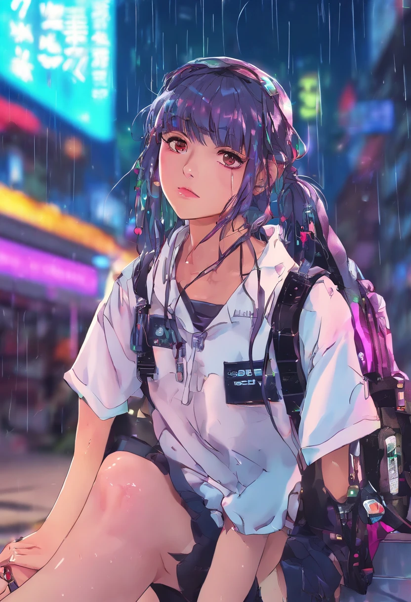 (((realistic))) photo, (full body), masterpiece, highest quality, high detail, solo focus, sfw, 1girl, (sorrow, cry), (((schoolgirl, sitten on stairs in the rain))), (crying:0.5), (small breasts:1.1), (short:1.0), school uniform, (see through white frilly shirt:1.15), wet, (heavy_rain:1.6), shy, embrassed, (flashing panty:1.29), little school backpack, (hair color:1.15), (side braid hair:1.3), (cyberpunk city sidewalk, cyberpunk cities background:1.31), (neon soft lights, detailed lighting, soft lights, cinematic light:1.2), depth of field,