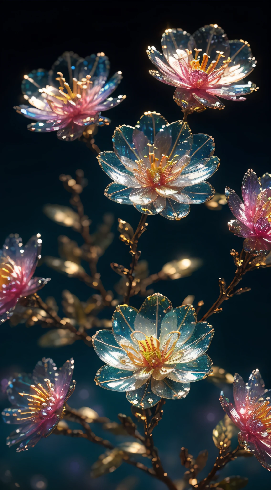 crystal spring blossom,
fantasy, galaxy, transparent, 
shimmering, sparkling, splendid, colorful, 
magical photography, dramatic lighting, photo realism, ultra-detailed, 4k, Depth of field, High-resolution