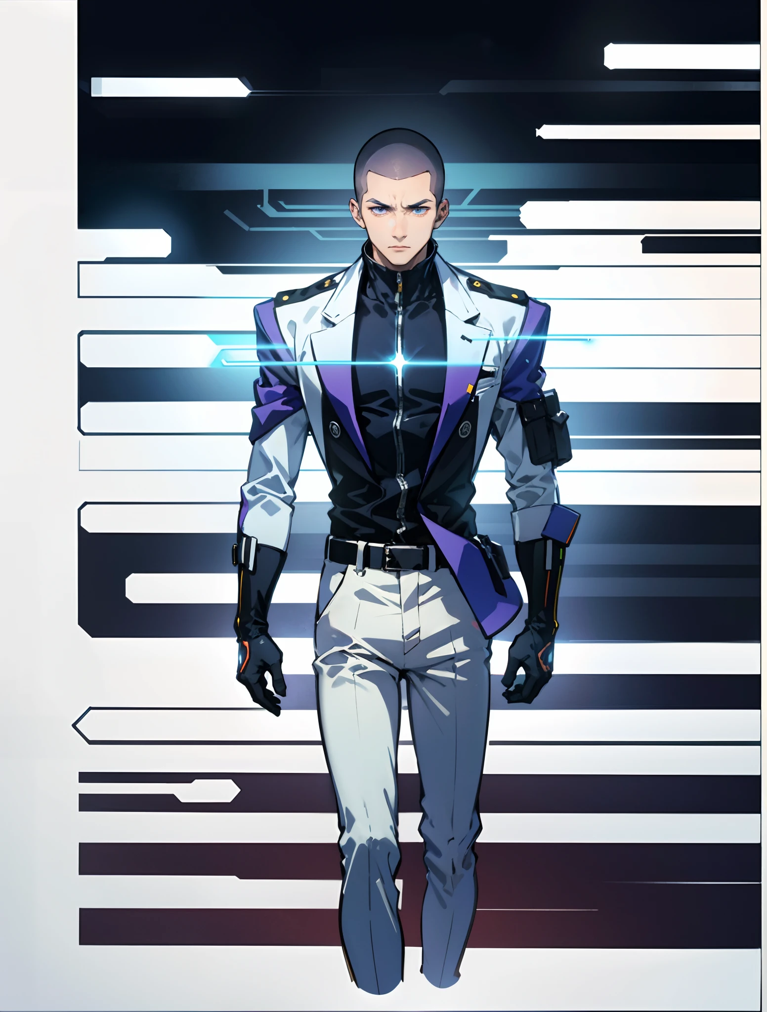 A man with a crew cut, a calm and rational expression, a wise gaze, wears a futuristic scientist's coat, primarily in shades of white, accented by touches of blue and purple, matching utility pants, standing in a mysterious laboratory of an ancient and advanced civilization, with a high-tech incubation tank emitting a faint glow in the background, this character embodies a finely crafted a futuristic sci-fi scientist in anime style, characterized by an exquisite and mature manga illustration art style, high definition, best quality, highres, ultra-detailed, ultra-fine painting, extremely delicate, professional, anatomically correct, symmetrical face, extremely detailed eyes and face, high quality eyes, creativity, RAW photo, UHD, 8k, Natural light, cinematic lighting, masterpiece:1.5