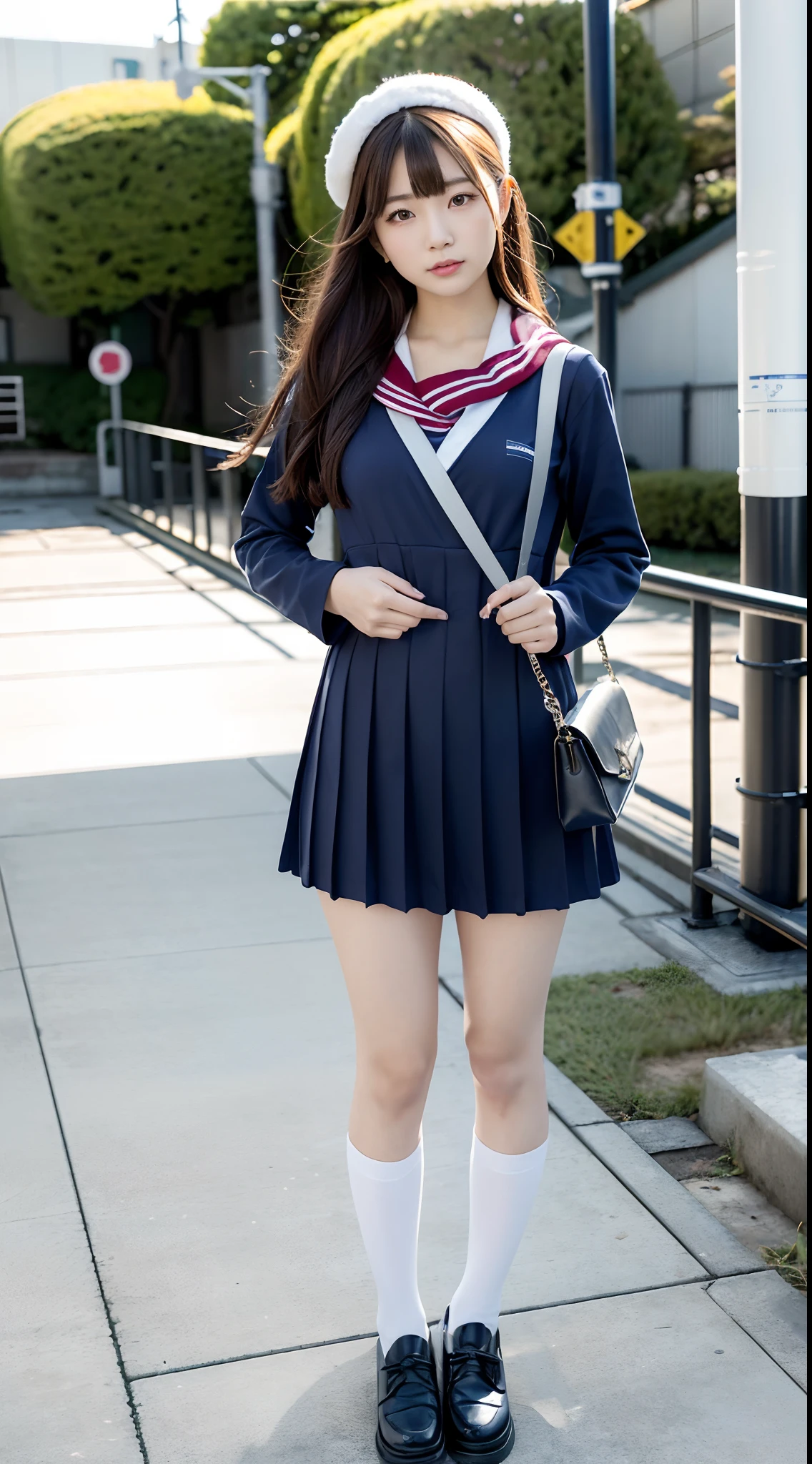 mix4, (16 K, Raw photography, Top image quality, masterpiece: 1.45), (realisitic, Photorealsitic: 1.37), one girls, 7.5, etc、Random hairstyle、Standing figure,Daytime、a very cute,Station platform,, profetional lighting, photon maping、physically-based renderingt, Gradient dark brown hair,Crisp backgrounds and high resolution, a handsome, Well-groomed and beautiful eyes、Large double eyelids、Very shiny、girl with, (((student clothes、Winter clothes、Sailor suit worn by Japan girl、Navy blue sailor color、scarf、a miniskirt, Small beret、high socks、lowfers、Frugal bag))), Top Quality Photos, hight resolution, 1080p, (clearface), (Detailed face description), (Detailed hand description), (masterpiece), (Exquisite CG)、extreme light and shadows、dishevled hair、master work、abundant detail、(Fine facial features)、(top quality photo)、(masuter piece)、(A detailed eye)、Look in front of you、Fine clavicle、((Slender big))、(((Japan schooln sailor suit)))、((Idle system))、((Station platform、wicket、railroad crossing))、(((neat and cute)))、耳Nipple Ring、A big smile、Drawing the whole body from the knees、Do not draw nasolabial folds、(((Long sleeve sailor suit)))、(Big breasts that hang down big:1.2)、Big buttocks with tension、Two arms and two legs、(((from the front side:0.3)))、bare hand、No mask、No skin exposure