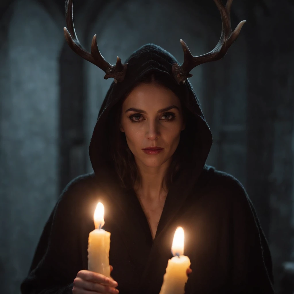 (a person wearing a black hooded robe and a satanic deer skull,a wax candle),(best quality,highres,gloomy,horror,satanic,dark color scheme),dimly lit background,gloomy atmosphere,flickering candle light,creepy vibes,detailed robe texture,dark and mysterious,haunting shadows,spooky aura,sinister expression in the eyes,subtle glow on the candle flame, cinematic camera angle