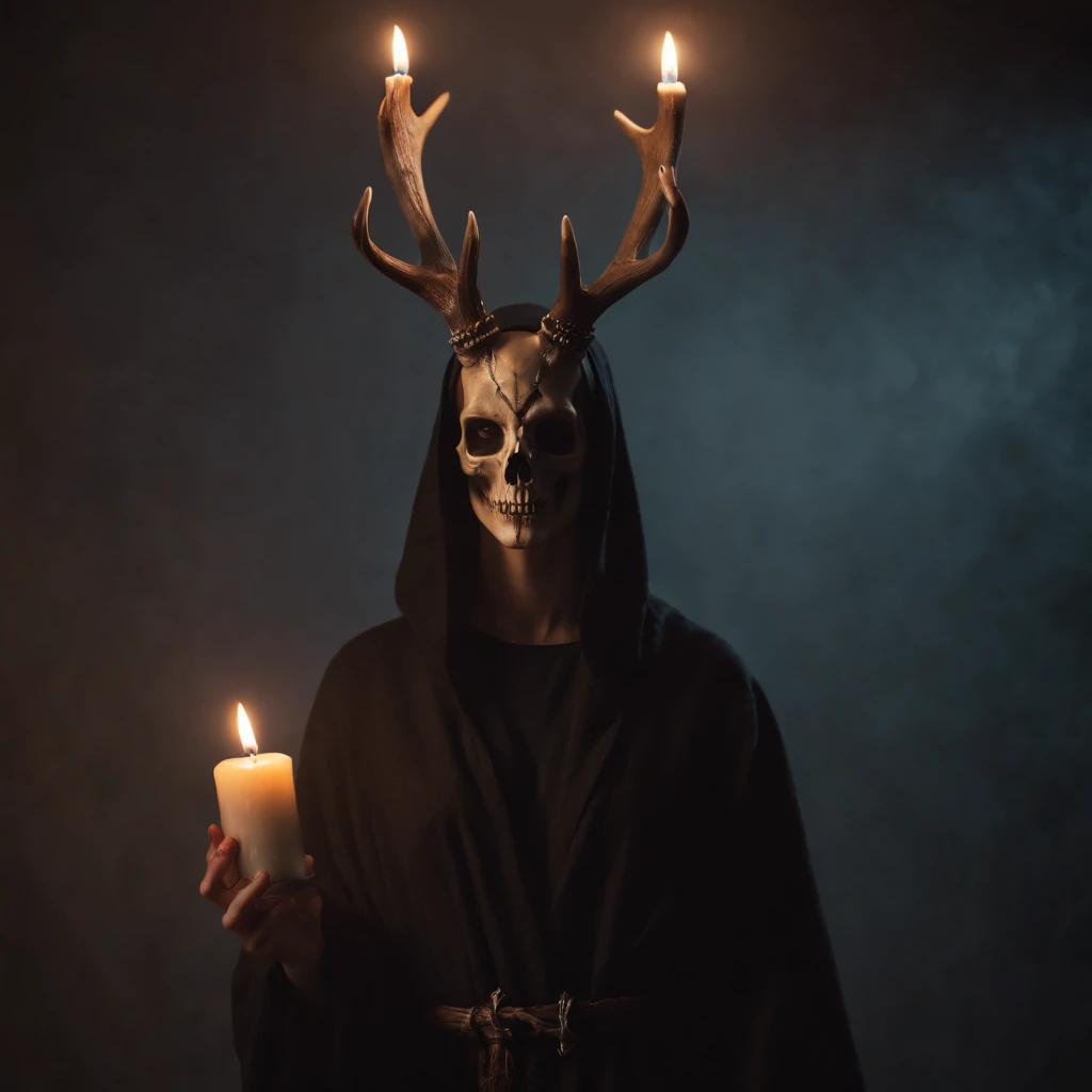 (a person wearing a black hooded robe and a satanism deer skull,holding a candle, look down，Away from viewers),(best quality,high resolution,gloomy,fear,satanism,Dark color scheme),Dim background,gloomy atmosphere,Flickering candlelight,creepy ambiance,Detailed robe texture,Dark and mysterious,The haunting shadow,Ghostly Breath,The eyes are sinister,The faint light of a candle flame, Camera angle, Photo-realistic, high resolution,