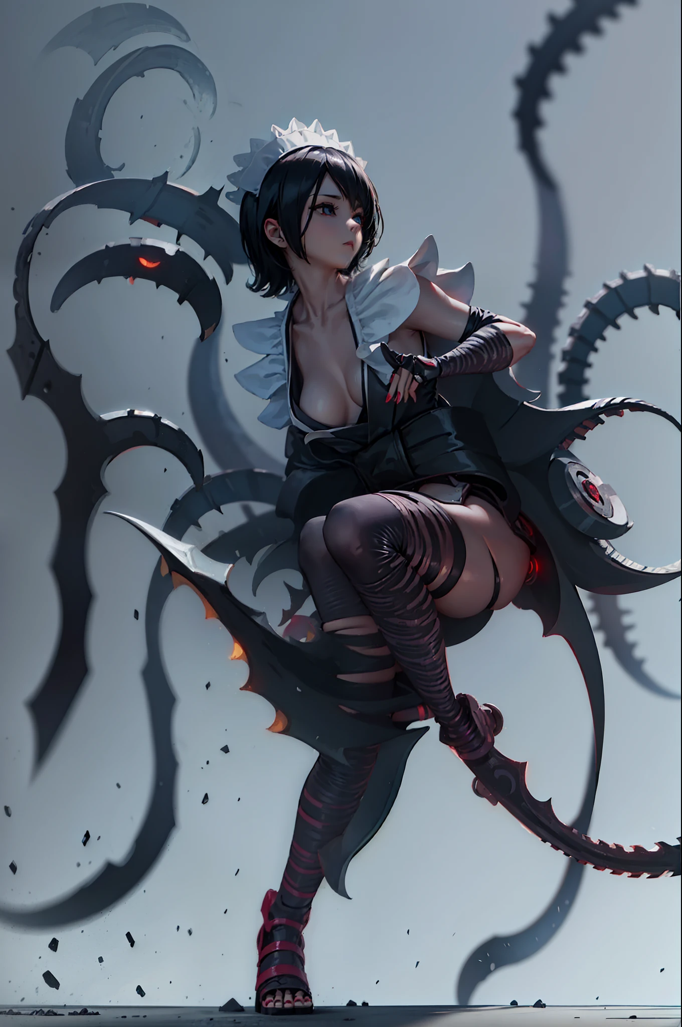 Girl in cyber style maid costume. She's a Dark Fantasy. she has short hair. Latex. Shining eyes. Tentacles extending from behind her. Mechanical tentacles like Giger. Knife at the tip of the tentacle. Curved knife. dark laboratory.