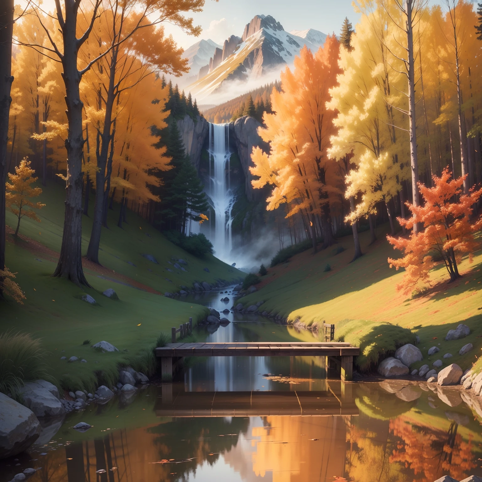 (best quality,4k,8k,highres,masterpiece:1.2),ultra-detailed,(realistic,photorealistic,photo-realistic:1.37),landscape,Fall landscape,serene atmosphere,rust-colored leaves,crisp air,soft sunlight,shadows and highlights,vibrant autumn colors,tranquil setting,calm river flowing through,majestic mountains in the distance,golden fields illuminated by the sunset,peaceful reflection,still waters,quietude,nature's beauty,subtle breeze,misty morning,pure and clear sky,tree branches swaying gently,faint scent of damp earth,leaves rustling underfoot,autumnal harmony,breathtaking view,solitude,ethereal mist,rays of sunlight piercing through the mist,trees adorned with leaves of all shades of red,orange and yellow,rustic wooden bridge,inviting pathway leading into the painting,hidden gem of nature,natural serenity,melancholic beauty,leaves gently falling,autumn magic,fading warmth,whispers of the season changing,harmony between nature and tranquility,harmonious color palette,subtle nuances,vivid autumnal hues,dreamlike landscape,unforgettable scenery,whispering secrets of time,serenity in every brushstroke.