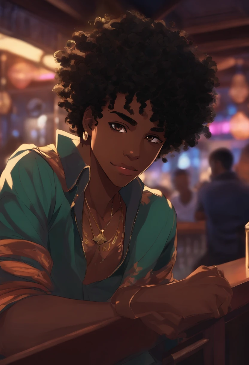 Personagem de anime de 18 anos negro, feio, masculino, joven, limpando o copo com um pano , dentro de um bar,