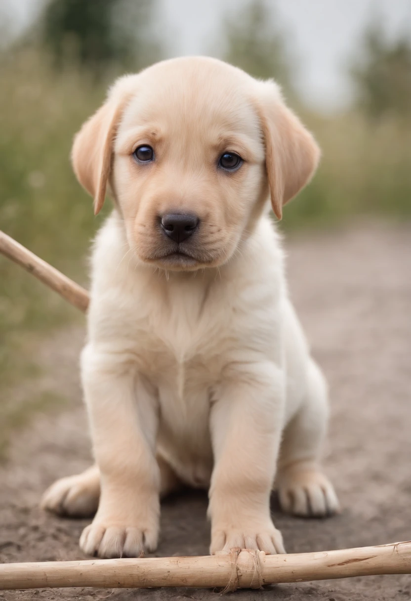 A Labrador puppy holding a stick, cinematic, realistic, adorable and 8k UHD