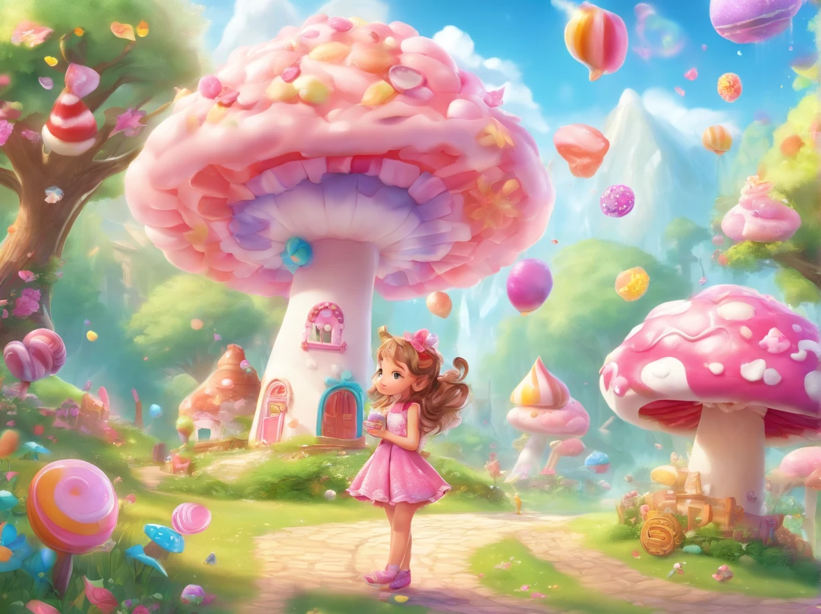 best quality,4k,8k,highres,masterpiece:1.2,ultra-detailed,realistic:1.37,pink candy forest,dreamy,enchanted,magical,whimsical,fairy tale,happiness,sweetness,fantasy,playful,girl in a pink dress,floating cotton candy clouds,chocolate trees with candy leaves,multi-colored lollipops growing on the ground,glistening sugar crystals,sprinkles falling from the sky,magical unicorns gathering near a chocolate waterfall,giant gumdrop mushrooms,sparkling candy canes lining the path,sweet aroma filling the air,soft pastel colors,glowing sunlight filtering through the candy canopy,joyful laughter of children,delightful surprises around each corner,delicious treats everywhere,feeling like stepping into a whimsical dreamland,carefree and full of wonder,bringing out the inner child,sugar rush of happiness,endless exploration and adventure,memories of childhood innocence,unforgettable experience of pure joy.