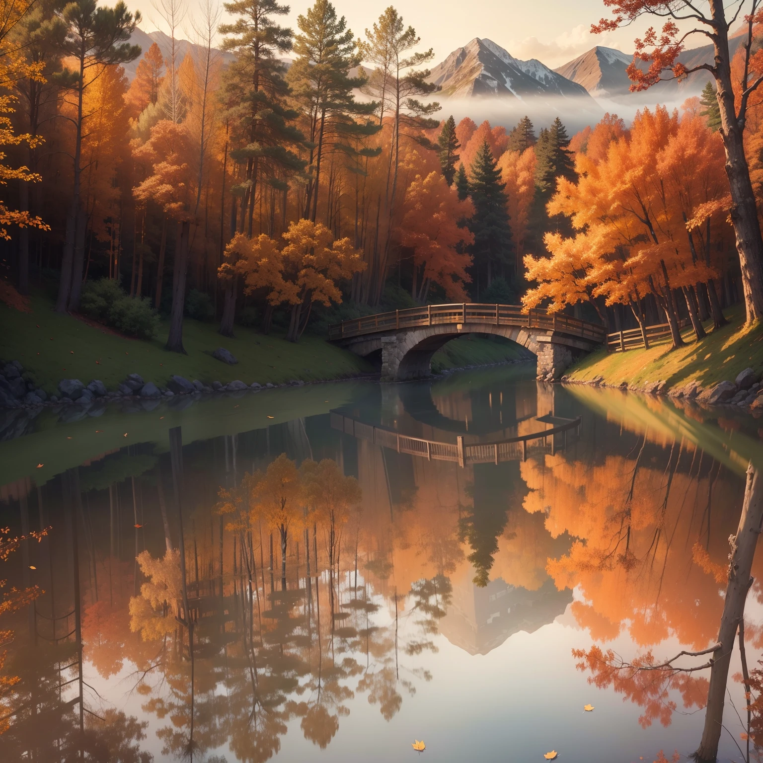 (best quality,4k,8k,highres,masterpiece:1.2),ultra-detailed,(realistic,photorealistic,photo-realistic:1.37),landscape,Fall landscape,serene atmosphere,rust-colored leaves,crisp air,soft sunlight,shadows and highlights,vibrant autumn colors,tranquil setting,calm river flowing through,majestic mountains in the distance,golden fields illuminated by the sunset,peaceful reflection,still waters,quietude,nature's beauty,subtle breeze,misty morning,pure and clear sky,tree branches swaying gently,faint scent of damp earth,leaves rustling underfoot,autumnal harmony,breathtaking view,solitude,ethereal mist,rays of sunlight piercing through the mist,trees adorned with leaves of all shades of red,orange and yellow,rustic wooden bridge,inviting pathway leading into the painting,hidden gem of nature,natural serenity,melancholic beauty,leaves gently falling,autumn magic,fading warmth,whispers of the season changing,harmony between nature and tranquility,harmonious color palette,subtle nuances,vivid autumnal hues,dreamlike landscape,unforgettable scenery,whispering secrets of time,serenity in every brushstroke.