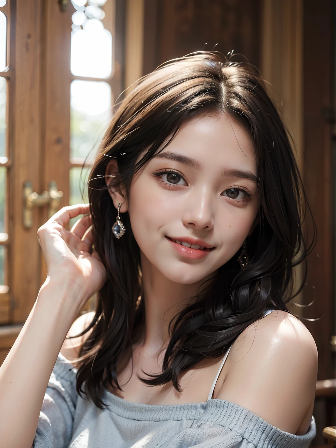 best quality, masterpiece, ultra high res, photorealistic, 1girl, offshoulder, smile