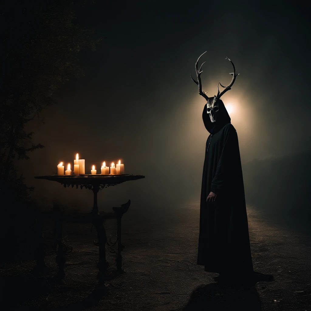 (best quality,4k,8k,highres,masterpiece:1.2),ultra-detailed,(realistic,photorealistic,photo-realistic:1.37),horror,dark,occult,gloomy,color scheme,night time,shadowy,gloomy,ominous atmosphere,A person wearing a deer skull on their head,black robe,candle,burning, flickering light,satanic alter,creepy,dark magic,vivid colors,surrealistic,moonlight,shadows dancing,haunting,spooky aesthetic,ethereal,mysterious figure,ancient ritual,demonic presence,foreboding,menacing,macabre,occult symbols,cryptic writings,mystical,misty atmosphere,pale moonlight,gothic elements,ominous shadows,ghostly,ominous candles,whispering shadows,foreboding darkness,spellbinding,unearthly,unsettling energy,thick darkness,enchanted scenery,total darkness,forbidden rituals,lit by the candlelight,supernatural energies,esoteric knowledge,nightmare-like,hauntingly beautiful,cloaked figure,hooded,mesmerizing,hidden secrets,esoteric meanings,confounding,encrypting,key to the unknown,nightmarish,dark aura,unveiling the shadowy truth,strange and otherworldly,dark glamour,peculiar and eerie ambiance,sinister figure,silent,grim,ancient mysticism,otherworldly presence,ominous atmosphere,casting eerie shadows,dark enchantments,diabolical,cloaked in darkness.