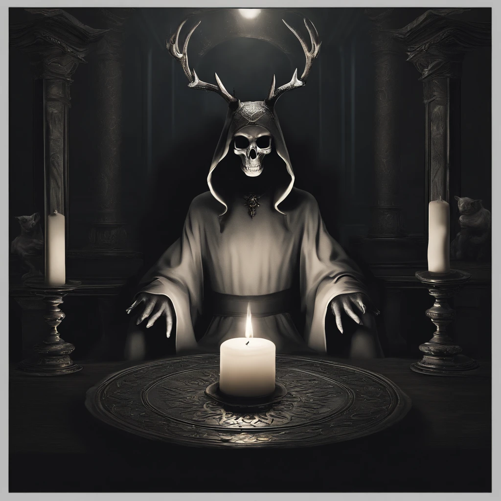(best quality,4k,8k,highres,masterpiece:1.2),ultra-detailed,(realistic,photorealistic,photo-realistic:1.37),horror,dark,occult,gloomy,color scheme,night time,shadowy,gloomy,ominous atmosphere,A person wearing a deer skull on their head,black robe,candle,burning, flickering light,satanic alter,creepy,dark magic,vivid colors,surrealistic,moonlight,shadows dancing,haunting,spooky aesthetic,ethereal,mysterious figure,ancient ritual,demonic presence,foreboding,menacing,macabre,occult symbols,cryptic writings,mystical,misty atmosphere,pale moonlight,gothic elements,ominous shadows,ghostly,ominous candles,whispering shadows,foreboding darkness,spellbinding,unearthly,unsettling energy,thick darkness,enchanted scenery,total darkness,forbidden rituals,lit by the candlelight,supernatural energies,esoteric knowledge,nightmare-like,hauntingly beautiful,cloaked figure,hooded,mesmerizing,hidden secrets,esoteric meanings,confounding,encrypting,key to the unknown,nightmarish,dark aura,unveiling the shadowy truth,strange and otherworldly,dark glamour,peculiar and eerie ambiance,sinister figure,silent,grim,ancient mysticism,otherworldly presence,ominous atmosphere,casting eerie shadows,dark enchantments,diabolical,cloaked in darkness.