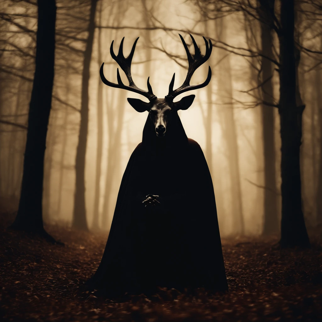 (best quality,4k,8k,highres,masterpiece:1.2),ultra-detailed,(realistic,photorealistic,photo-realistic:1.37),horror,dark,occult,gloomy,color scheme,night time,shadowy,gloomy,ominous atmosphere,A person wearing a deer skull on their head,black robe,candle,burning, flickering light,satanic alter,creepy,dark magic,vivid colors,surrealistic,moonlight,shadows dancing,haunting,spooky aesthetic,ethereal,mysterious figure,ancient ritual,demonic presence,foreboding,menacing,macabre,occult symbols,cryptic writings,mystical,misty atmosphere,pale moonlight,gothic elements,ominous shadows,ghostly,ominous candles,whispering shadows,foreboding darkness,spellbinding,unearthly,unsettling energy,thick darkness,enchanted scenery,total darkness,forbidden rituals,lit by the candlelight,supernatural energies,esoteric knowledge,nightmare-like,hauntingly beautiful,cloaked figure,hooded,mesmerizing,hidden secrets,esoteric meanings,confounding,encrypting,key to the unknown,nightmarish,dark aura,unveiling the shadowy truth,strange and otherworldly,dark glamour,peculiar and eerie ambiance,sinister figure,silent,grim,ancient mysticism,otherworldly presence,ominous atmosphere,casting eerie shadows,dark enchantments,diabolical,cloaked in darkness.