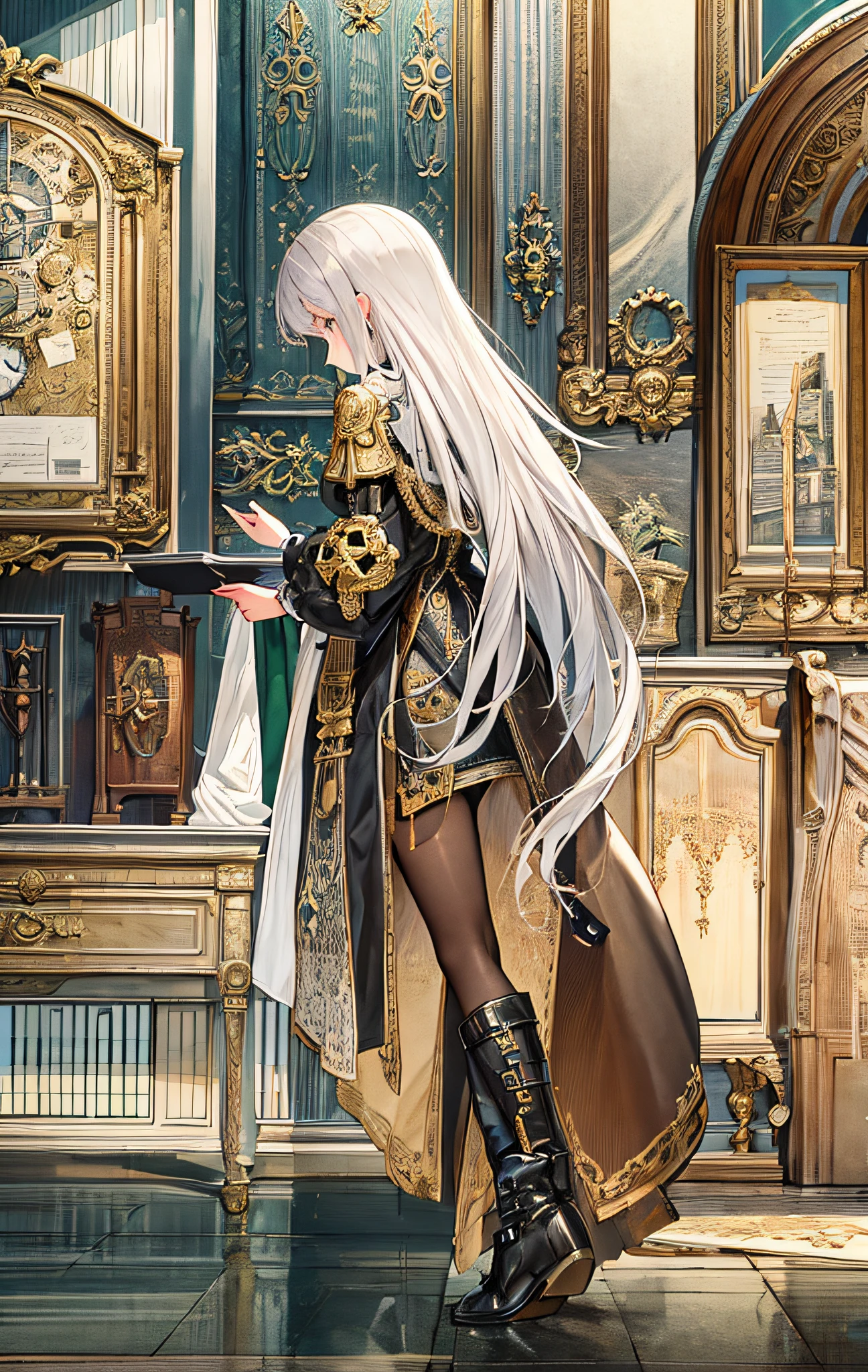 masterpiece, best quality, ultra-detailed, city, street, gothic, steampunk, illustration, 1girl, (solo), platinum long hair, boots, from behind, vintage, antique, brass, metal, gears, machinery, ornate, elegant, classic, sophisticated, refined, poised, contemplative, thoughtful, curious, mysterious, enigmatic, magical, watchful, intelligent, bookish, contrast, perspective, depth, texture, detail, realism, impressionistic, expressionistic, abstract, surrealistic, innovative, experimental, unique, atmosphere, ambiance, mood, nostalgia, historical, cultural, technological, industrial, fantasy, imagination, creativity, artistry, craftsmanship, skill, precision, detail, composition, balance, harmony, rhythm, colorful, darker, reflection, refraction, foreground, middle ground, background, vanishing point, horizon line, focal point, naturalistic, figurative, representational,