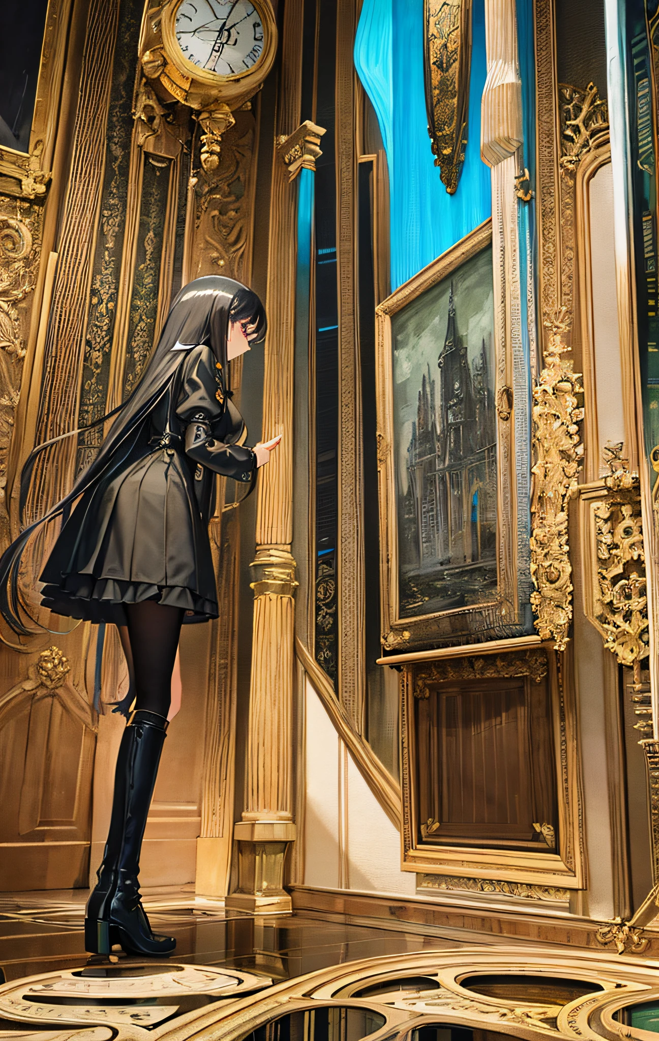 masterpiece, best quality, ultra-detailed, city, street, gothic, steampunk, illustration, 1girl, (solo), platinum long hair, boots, from behind, vintage, antique, brass, metal, gears, machinery, ornate, elegant, classic, sophisticated, refined, poised, contemplative, thoughtful, curious, mysterious, enigmatic, magical, watchful, intelligent, bookish, contrast, perspective, depth, texture, detail, realism, impressionistic, expressionistic, abstract, surrealistic, innovative, experimental, unique, atmosphere, ambiance, mood, nostalgia, historical, cultural, technological, industrial, fantasy, imagination, creativity, artistry, craftsmanship, skill, precision, detail, composition, balance, harmony, rhythm, colorful, darker, reflection, refraction, foreground, middle ground, background, vanishing point, horizon line, focal point, naturalistic, figurative, representational,