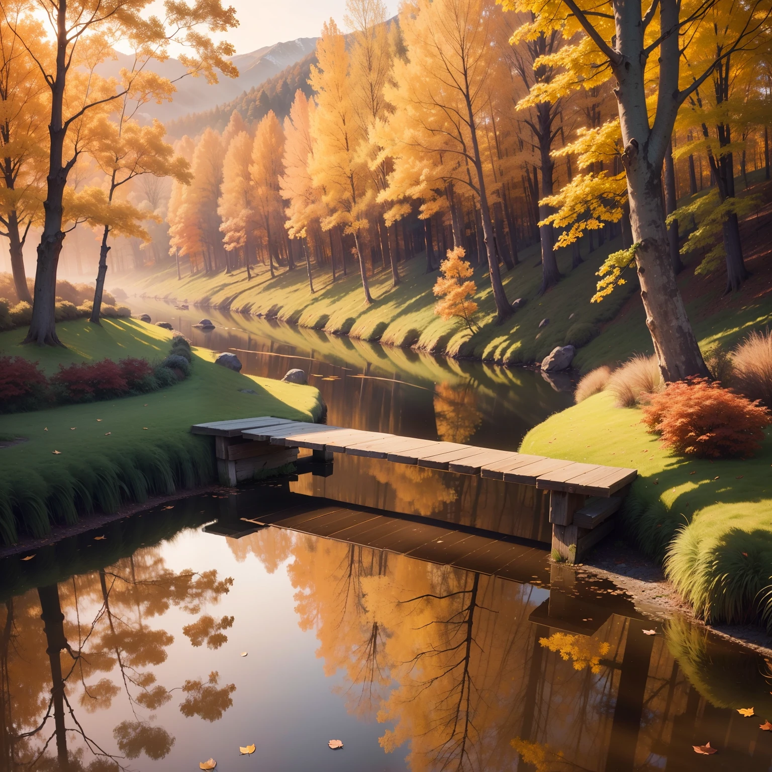 (best quality,4k,8k,highres,masterpiece:1.2),ultra-detailed,(realistic,photorealistic,photo-realistic:1.37),landscape,Fall landscape,serene atmosphere,rust-colored leaves,crisp air,soft sunlight,shadows and highlights,vibrant autumn colors,tranquil setting,calm river flowing through,majestic mountains in the distance,golden fields illuminated by the sunset,peaceful reflection,still waters,quietude,nature's beauty,subtle breeze,misty morning,pure and clear sky,tree branches swaying gently,faint scent of damp earth,leaves rustling underfoot,autumnal harmony,breathtaking view,solitude,ethereal mist,rays of sunlight piercing through the mist,trees adorned with leaves of all shades of red,orange and yellow,rustic wooden bridge,inviting pathway leading into the painting,hidden gem of nature,natural serenity,melancholic beauty,leaves gently falling,autumn magic,fading warmth,whispers of the season changing,harmony between nature and tranquility,harmonious color palette,subtle nuances,vivid autumnal hues,dreamlike landscape,unforgettable scenery,whispering secrets of time,serenity in every brushstroke.