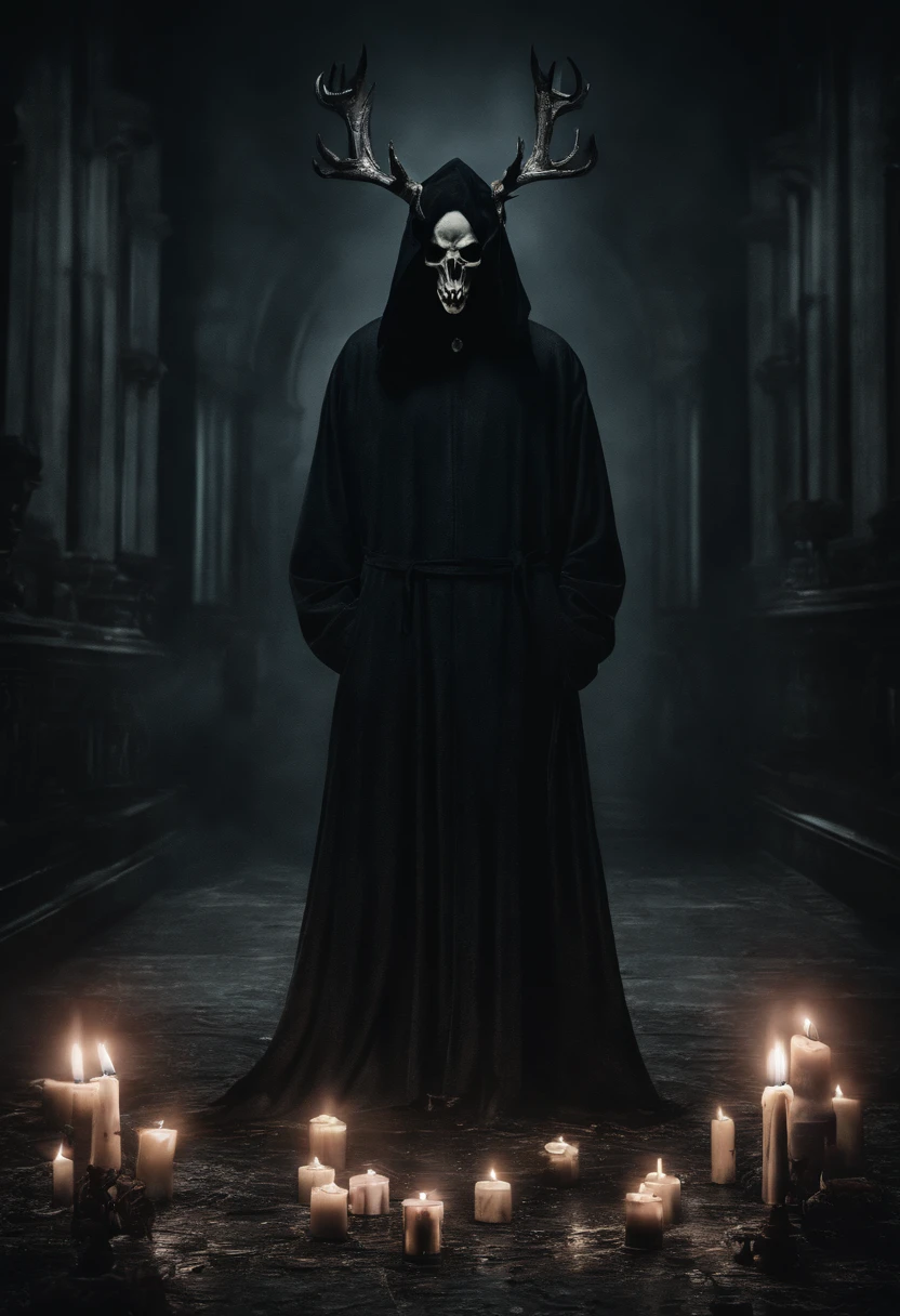 (a person wearing a black hooded robe and a satanic deer skull,a wax candle),(best quality,highres,gloomy,horror,satanic,dark color scheme),dimly lit background,gloomy atmosphere,flickering candle light,creepy vibes,detailed robe texture,dark and mysterious,haunting shadows,spooky aura,sinister expression in the eyes,subtle glow on the candle flame, cinematic camera angle