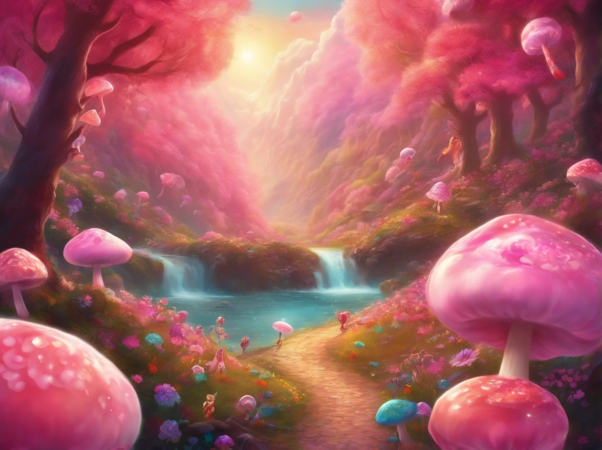 best quality,4k,8k,highres,masterpiece:1.2,ultra-detailed,realistic:1.37,pink candy forest,dreamy,enchanted,magical,whimsical,fairy tale,happiness,sweetness,fantasy,playful,girl in a pink dress,floating cotton candy clouds,chocolate trees with candy leaves,multi-colored lollipops growing on the ground,glistening sugar crystals,sprinkles falling from the sky,magical unicorns gathering near a chocolate waterfall,giant gumdrop mushrooms,sparkling candy canes lining the path,sweet aroma filling the air,soft pastel colors,glowing sunlight filtering through the candy canopy,joyful laughter of children,delightful surprises around each corner,delicious treats everywhere,feeling like stepping into a whimsical dreamland,carefree and full of wonder,bringing out the inner child,sugar rush of happiness,endless exploration and adventure,memories of childhood innocence,unforgettable experience of pure joy.