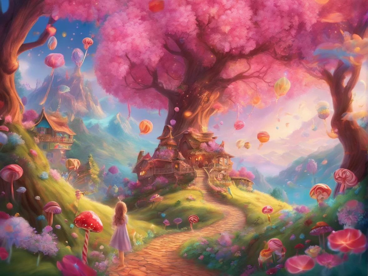 best quality,4k,8k,highres,masterpiece:1.2,ultra-detailed,realistic:1.37,pink candy forest,dreamy,enchanted,magical,whimsical,fairy tale,happiness,sweetness,fantasy,playful,girl in a pink dress,floating cotton candy clouds,chocolate trees with candy leaves,multi-colored lollipops growing on the ground,glistening sugar crystals,sprinkles falling from the sky,magical unicorns gathering near a chocolate waterfall,giant gumdrop mushrooms,sparkling candy canes lining the path,sweet aroma filling the air,soft pastel colors,glowing sunlight filtering through the candy canopy,joyful laughter of children,delightful surprises around each corner,delicious treats everywhere,feeling like stepping into a whimsical dreamland,carefree and full of wonder,bringing out the inner child,sugar rush of happiness,endless exploration and adventure,memories of childhood innocence,unforgettable experience of pure joy.
