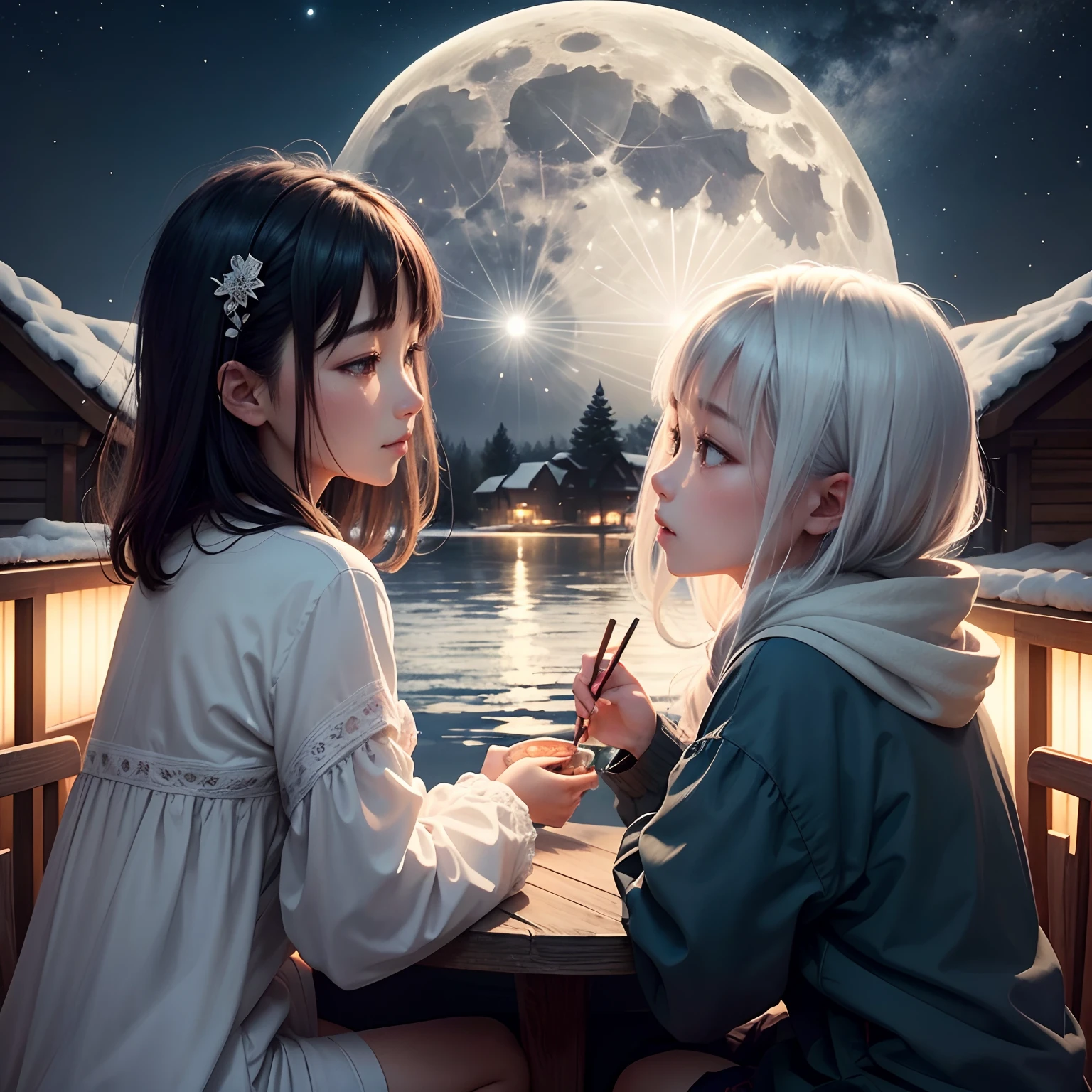 themoon，In this silent night，Like a mirror，Hang in the deep night sky。Starry，It was as if it were the call of countless souls in the universe，A stark contrast to the silent night sky。And on this ordinary night，But it contains an extraordinary story。

At the moment of the full moon，The family came together。They are in a small peaceful village，There is no hustle and bustle of the city there，No industrial pollution，Only harmonious human relationships and ancient legends。

They moved the table outdoors，Sit around in the moonlight，Sharing the food，Communicate with each other's lives。Adults talk and laugh，The children had fun，Their laughter echoed in the night，It's like the most beautiful music in the world。

themoon，Hang quietly in the sky，Sprinkle a silver glow。That light seemed to have magical powers，Connecting people's hearts and minds，A tight circle is formed。This circle，It's like a warm home，Hug everyone tightly。

On this night，They didn't just celebrate the full moon，Family reunions were also celebrated。They expressed their love for their homeland in the simplest way，Attachment to family。Their stories，Like the moon on this night，Although mundane，But full of warmth and love。

Full moon night，It was a night of hope and dreams。Just like the moon，No matter how many storms and rains you go through，It's always there，Quietly guarding every soul in need of warmth。On this night，The family is reunited，Sharing joy and joy。Their stories，Like the moon on this night，Illuminates every dark corner。

Full moon night，It was a night of emotion。It reminds us of those days that are long gone，Those who have accompanied us。On this night，It was as if we could hear the fading sounds，Feel the warmth that has gone。

Full moon night，It was a night of awe。It makes us understand，Wherever we go，No matter what difficulties we encounter，There is a harbor waiting for our return。It makes us understand，Home is our safe haven，is our forever home。

The moon hangs quietly in the sky，Its light gently shi