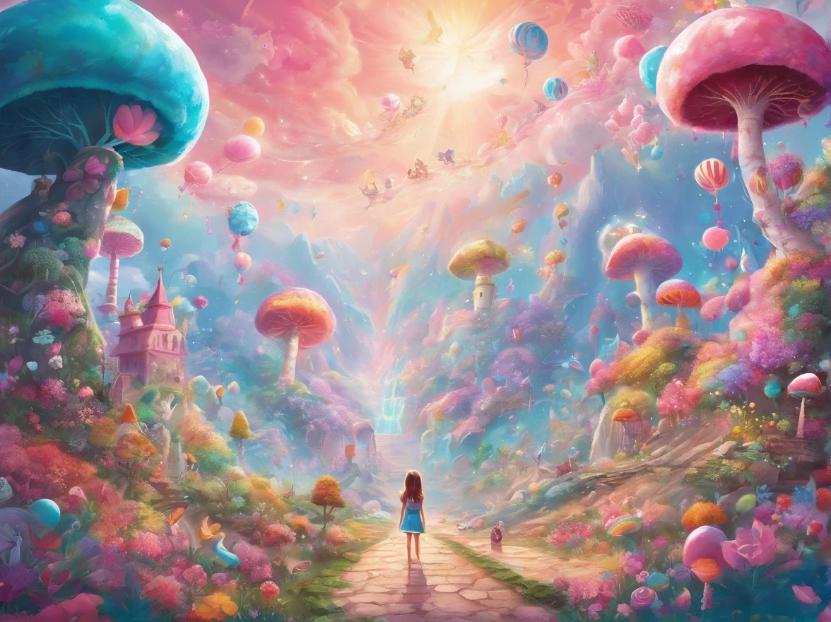 best quality,4k,8k,highres,masterpiece:1.2,ultra-detailed,realistic:1.37,pink candy forest,dreamy,enchanted,magical,whimsical,fairy tale,happiness,sweetness,fantasy,playful,girl in a pink dress,floating cotton candy clouds,chocolate trees with candy leaves,multi-colored lollipops growing on the ground,glistening sugar crystals,sprinkles falling from the sky,magical unicorns gathering near a chocolate waterfall,giant gumdrop mushrooms,sparkling candy canes lining the path,sweet aroma filling the air,soft pastel colors,glowing sunlight filtering through the candy canopy,joyful laughter of children,delightful surprises around each corner,delicious treats everywhere,feeling like stepping into a whimsical dreamland,carefree and full of wonder,bringing out the inner child,sugar rush of happiness,endless exploration and adventure,memories of childhood innocence,unforgettable experience of pure joy.