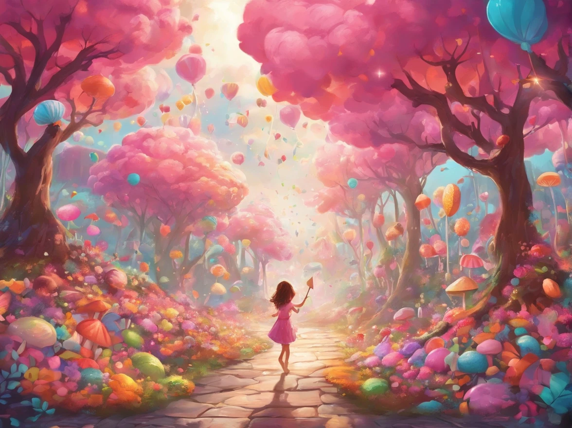 best quality,4k,8k,highres,masterpiece:1.2,ultra-detailed,realistic:1.37,pink candy forest,dreamy,enchanted,magical,whimsical,fairy tale,happiness,sweetness,fantasy,playful,girl in a pink dress,floating cotton candy clouds,chocolate trees with candy leaves,multi-colored lollipops growing on the ground,glistening sugar crystals,sprinkles falling from the sky,magical unicorns gathering near a chocolate waterfall,giant gumdrop mushrooms,sparkling candy canes lining the path,sweet aroma filling the air,soft pastel colors,glowing sunlight filtering through the candy canopy,joyful laughter of children,delightful surprises around each corner,delicious treats everywhere,feeling like stepping into a whimsical dreamland,carefree and full of wonder,bringing out the inner child,sugar rush of happiness,endless exploration and adventure,memories of childhood innocence,unforgettable experience of pure joy.
