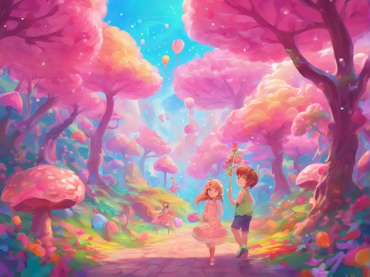 best quality,4k,8k,highres,masterpiece:1.2,ultra-detailed,realistic:1.37,pink candy forest,dreamy,enchanted,magical,whimsical,fairy tale,happiness,sweetness,fantasy,playful,girl in a pink dress,floating cotton candy clouds,chocolate trees with candy leaves,multi-colored lollipops growing on the ground,glistening sugar crystals,sprinkles falling from the sky,magical unicorns gathering near a chocolate waterfall,giant gumdrop mushrooms,sparkling candy canes lining the path,sweet aroma filling the air,soft pastel colors,glowing sunlight filtering through the candy canopy,joyful laughter of children,delightful surprises around each corner,delicious treats everywhere,feeling like stepping into a whimsical dreamland,carefree and full of wonder,bringing out the inner child,sugar rush of happiness,endless exploration and adventure,memories of childhood innocence,unforgettable experience of pure joy.