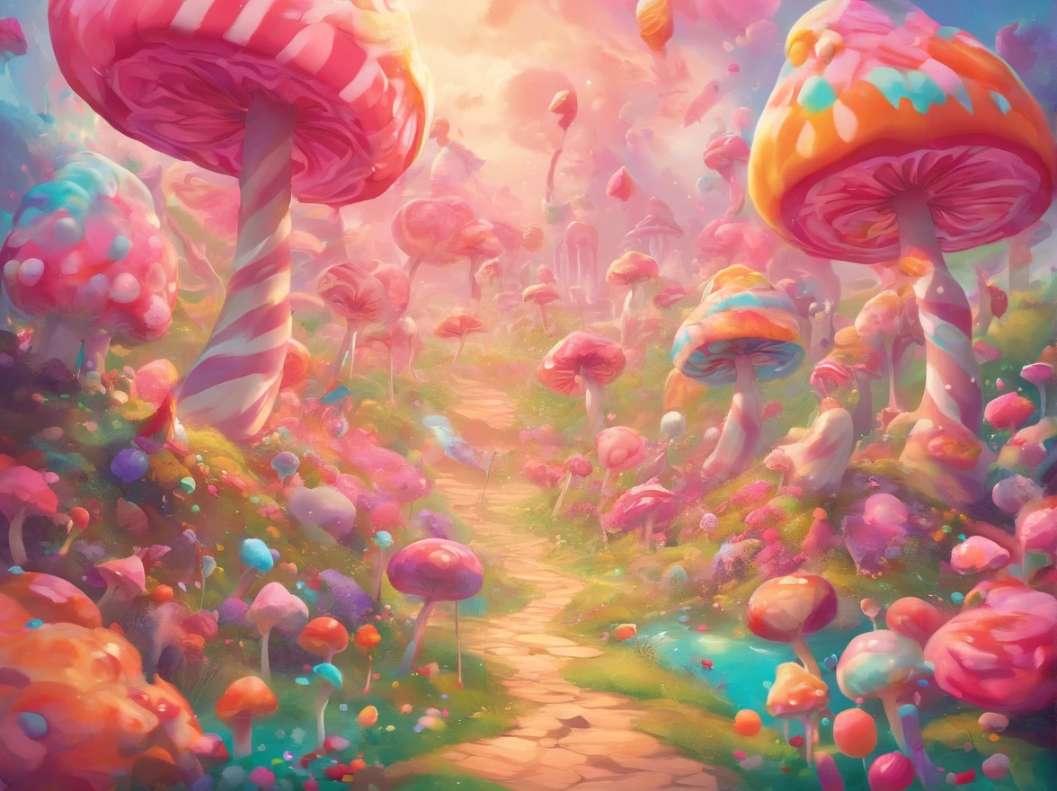 best quality,4k,8k,highres,masterpiece:1.2,ultra-detailed,realistic:1.37,pink candy forest,dreamy,enchanted,magical,whimsical,fairy tale,happiness,sweetness,fantasy,playful,girl in a pink dress,floating cotton candy clouds,chocolate trees with candy leaves,multi-colored lollipops growing on the ground,glistening sugar crystals,sprinkles falling from the sky,magical unicorns gathering near a chocolate waterfall,giant gumdrop mushrooms,sparkling candy canes lining the path,sweet aroma filling the air,soft pastel colors,glowing sunlight filtering through the candy canopy,joyful laughter of children,delightful surprises around each corner,delicious treats everywhere,feeling like stepping into a whimsical dreamland,carefree and full of wonder,bringing out the inner child,sugar rush of happiness,endless exploration and adventure,memories of childhood innocence,unforgettable experience of pure joy.