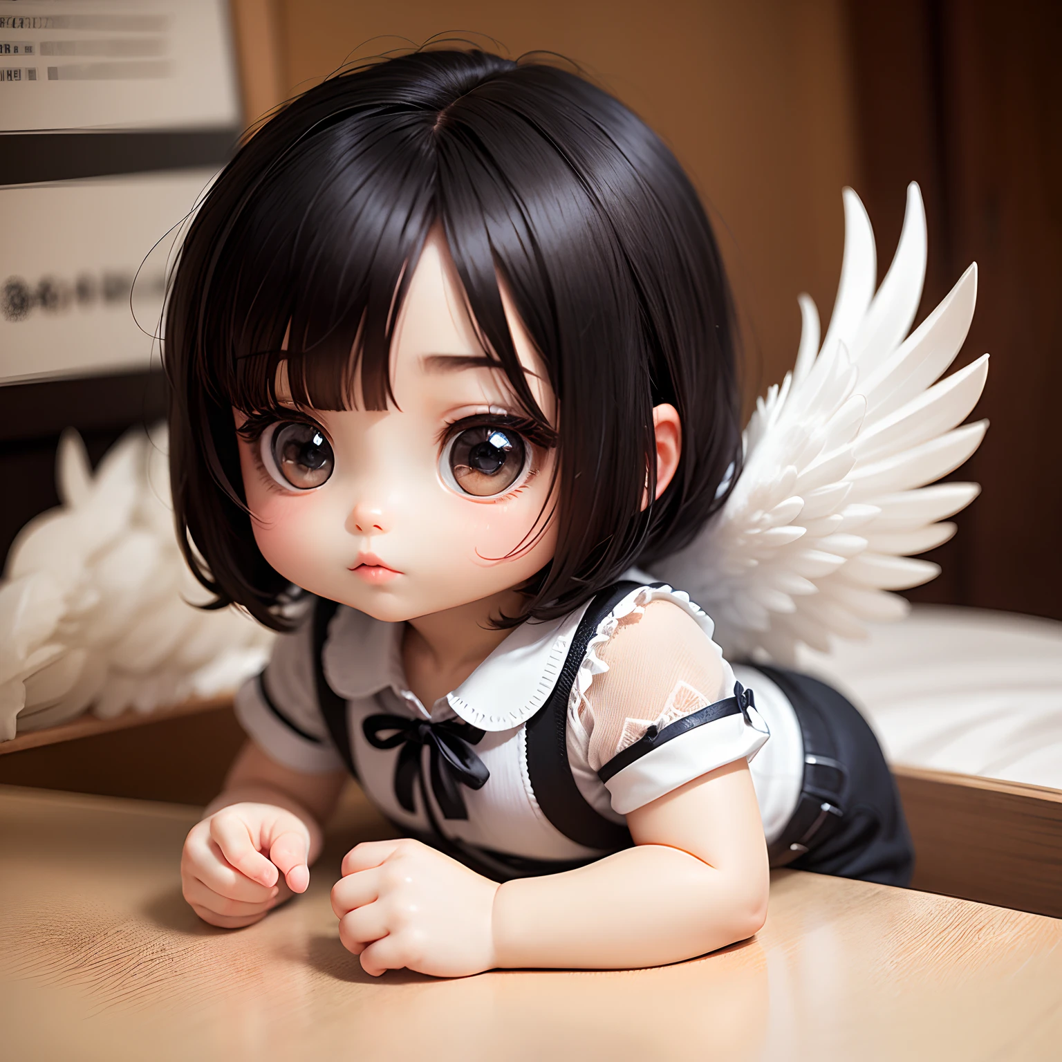 masterpiece、top-quality、ultra-detailliert、(Chibi Man:1.2)、Short black hair、White Shirt Blouse、Angel wings、studio
