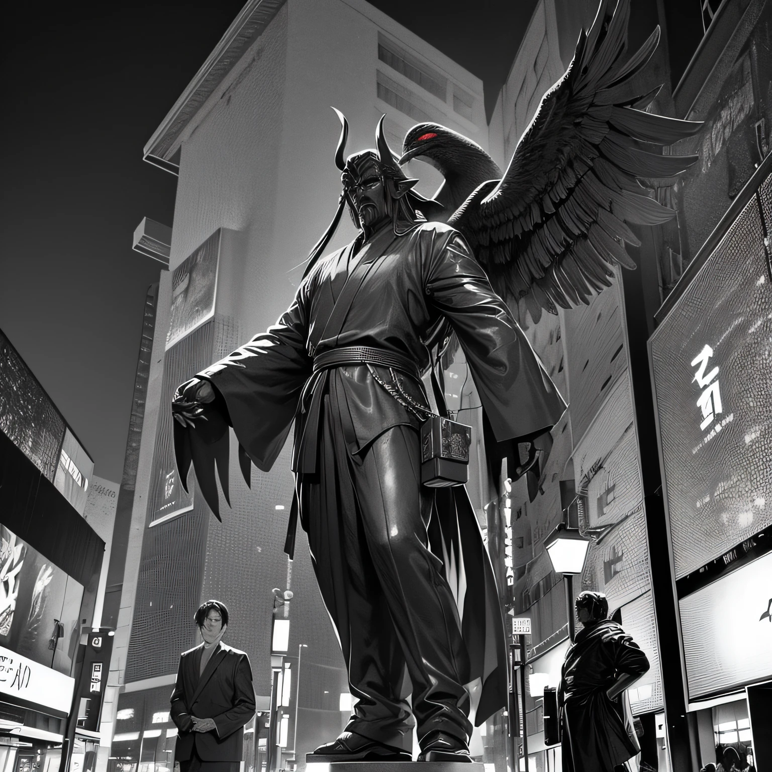 giant tengu statue, living statue, night, tokyo, japanese city, manga panel, black and white art, gantz style, by hiroya oku