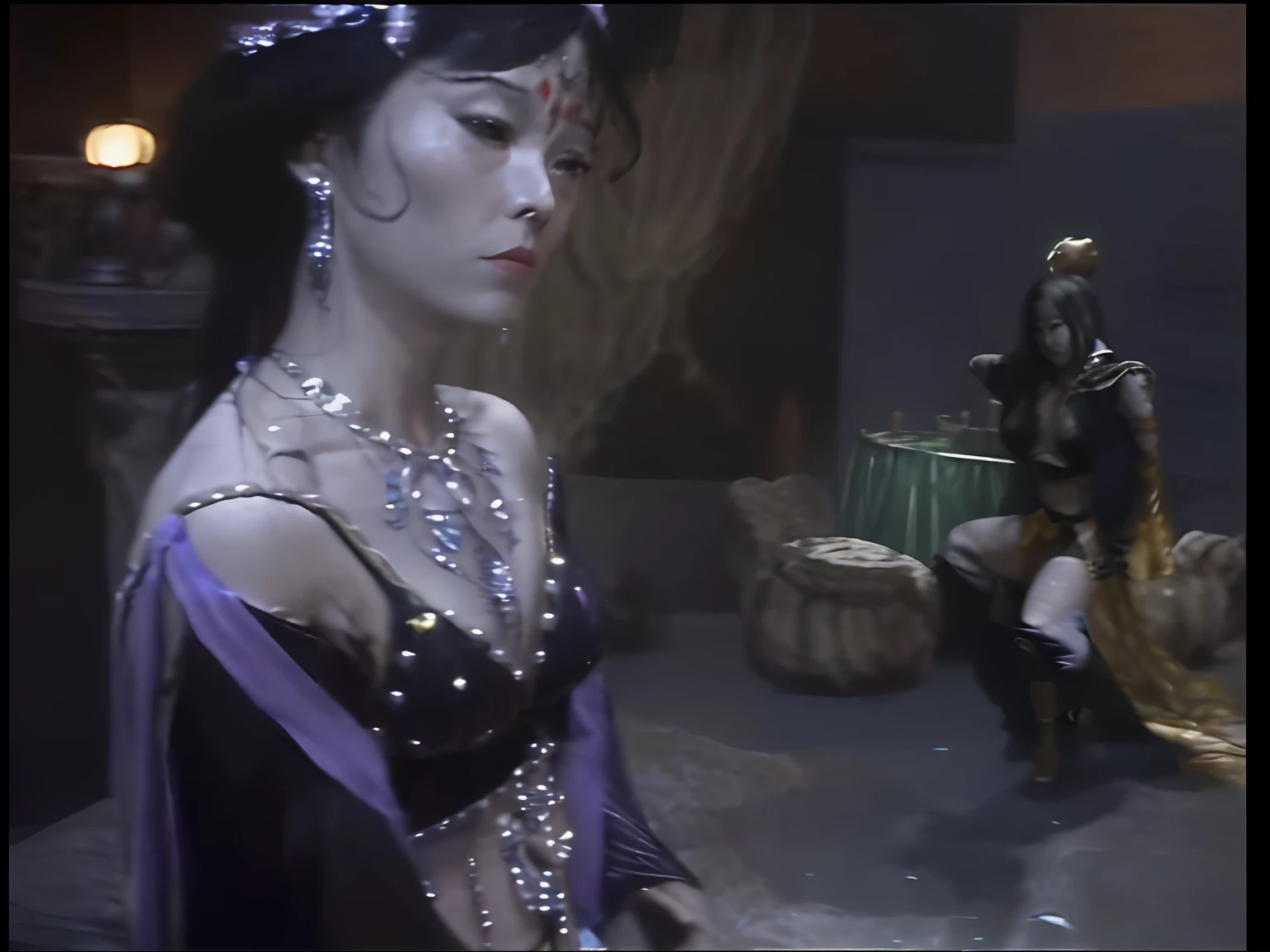 A witch in a belly dancing bikini stands in the room, exposed waist、Young and beautiful,Shoulders and back,Sexy and coquettish,Big chest,heavy makeups,fantasy movie still, japanese horror movie footage, live-action movie scenes, movie screencap, still from live action movie,, movie screen shot, japanese vfx