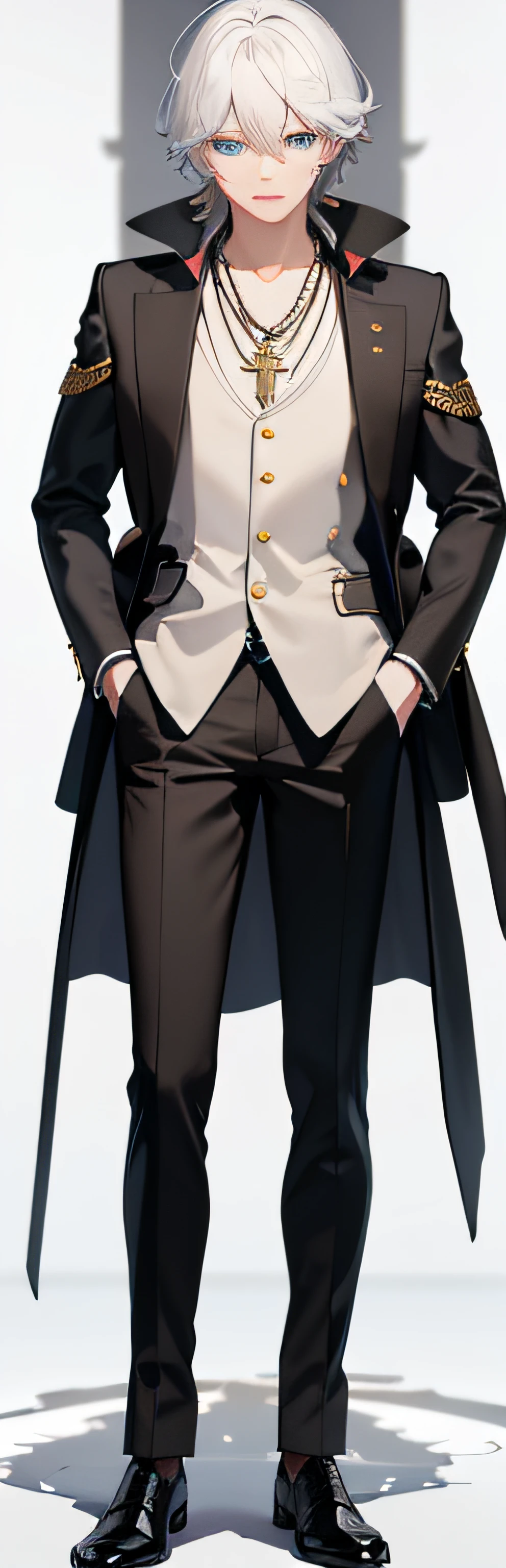 Full-body Vtuber, Full-body portraits, Looks clear.., The best quality masterpiece, masculine, looking at the audience, Stand and look straight at the audience.., single, Blue Eyes, Pastor's uniform, White Hair, Cross necklace, Full-body portraits, ((10 , raw photograph, top-quality, master-piece), professional foto, (best shadows), ultra-high resolution, cinematic light, High profile CG including 8K wallpapers, Whole body,