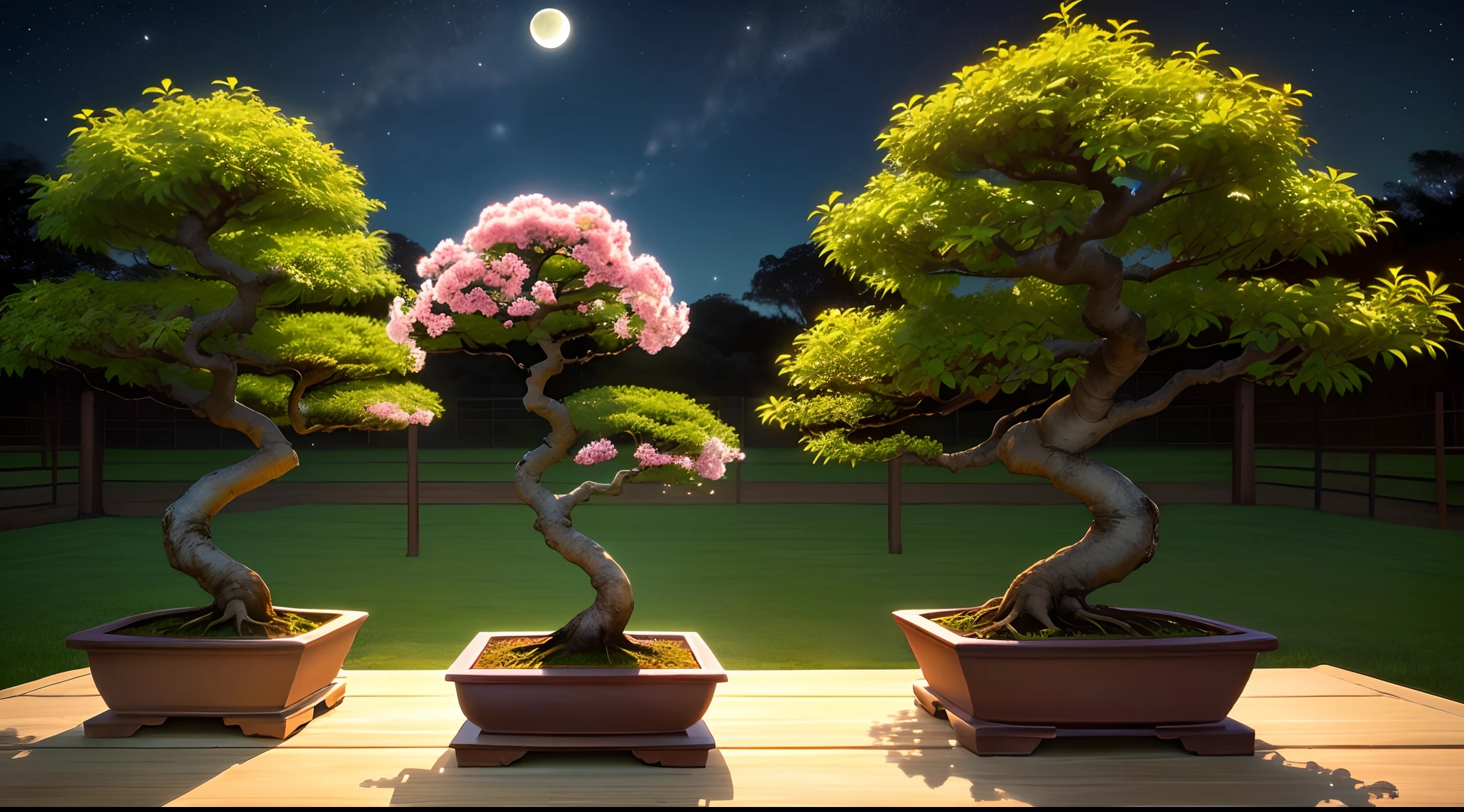 bonsai rosa a noite a Luz da lua em um campo verde