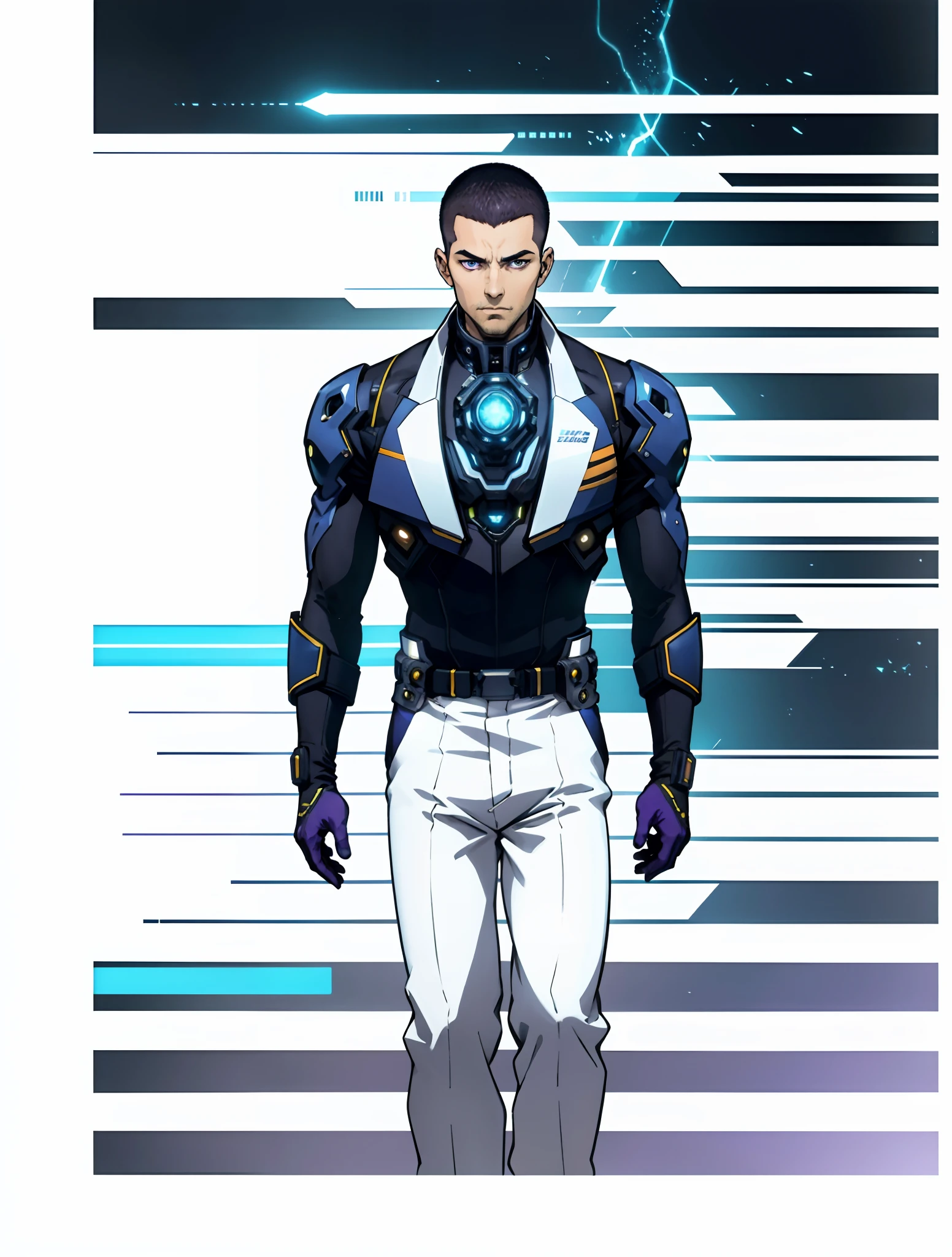 A man with a crew cut, a calm and rational expression, a wise gaze, wears a futuristic scientist's coat, primarily in shades of white, accented by touches of blue and purple, matching utility pants, standing in a mysterious laboratory of an ancient and advanced civilization, with a high-tech incubation tank emitting a faint glow in the background, this character embodies a finely crafted a futuristic sci-fi scientist in anime style, characterized by an exquisite and mature manga illustration art style, high definition, best quality, highres, ultra-detailed, ultra-fine painting, extremely delicate, professional, anatomically correct, symmetrical face, extremely detailed eyes and face, high quality eyes, creativity, RAW photo, UHD, 8k, Natural light, cinematic lighting, masterpiece:1.5
