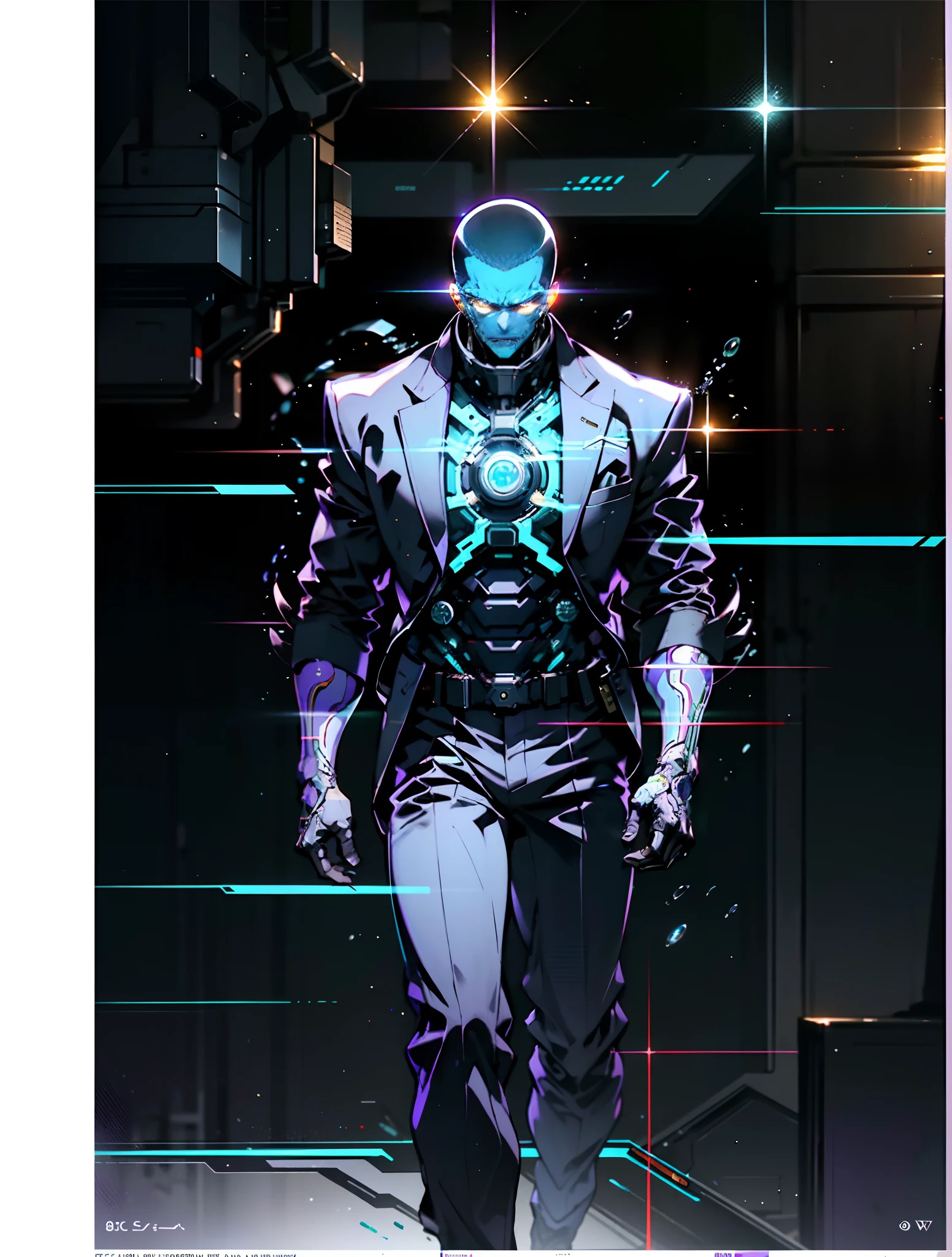 A man with a crew cut, a calm and rational expression, a wise gaze, wears a futuristic scientist's coat, primarily in shades of white, accented by touches of blue and purple, matching utility pants, standing in a mysterious laboratory of an ancient and advanced civilization, with a high-tech incubation tank emitting a faint glow in the background, this character embodies a finely crafted a futuristic sci-fi scientist in anime style, characterized by an exquisite and mature manga illustration art style, high definition, best quality, highres, ultra-detailed, ultra-fine painting, extremely delicate, professional, anatomically correct, symmetrical face, extremely detailed eyes and face, high quality eyes, creativity, RAW photo, UHD, 8k, Natural light, cinematic lighting, masterpiece:1.5