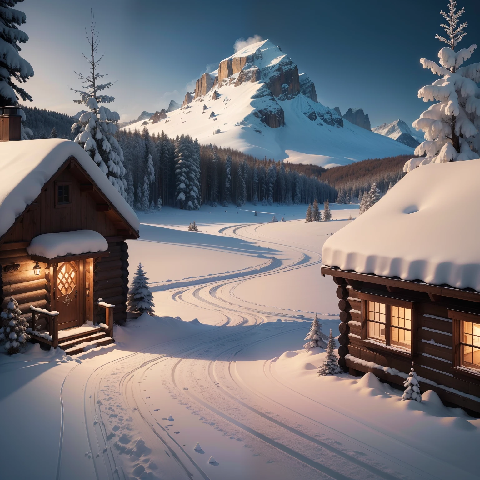 (best quality,4k,8k,highres,masterpiece:1.2),ultra-detailed,(realistic,photorealistic,photo-realistic:1.37),winter landscape,snow-covered trees,frozen lake,glistening icicles,serene atmosphere,soft natural light,subtle shades of blue and gray,harmonious color palette,detailed snowflakes,calm and peaceful scenery,light snowfall,tranquil mood,sparkling snow,quiet and isolated location,crisp and cold air,distant mountains,frost-covered branches,lone cabin in the distance,smoke coming out of the chimney,warm glow from the cabin's windows,feeling of coziness and solitude,undisturbed and serene winter wonderland,small footprints leading to the cabin's door,freshly fallen snow, untouched landscape.