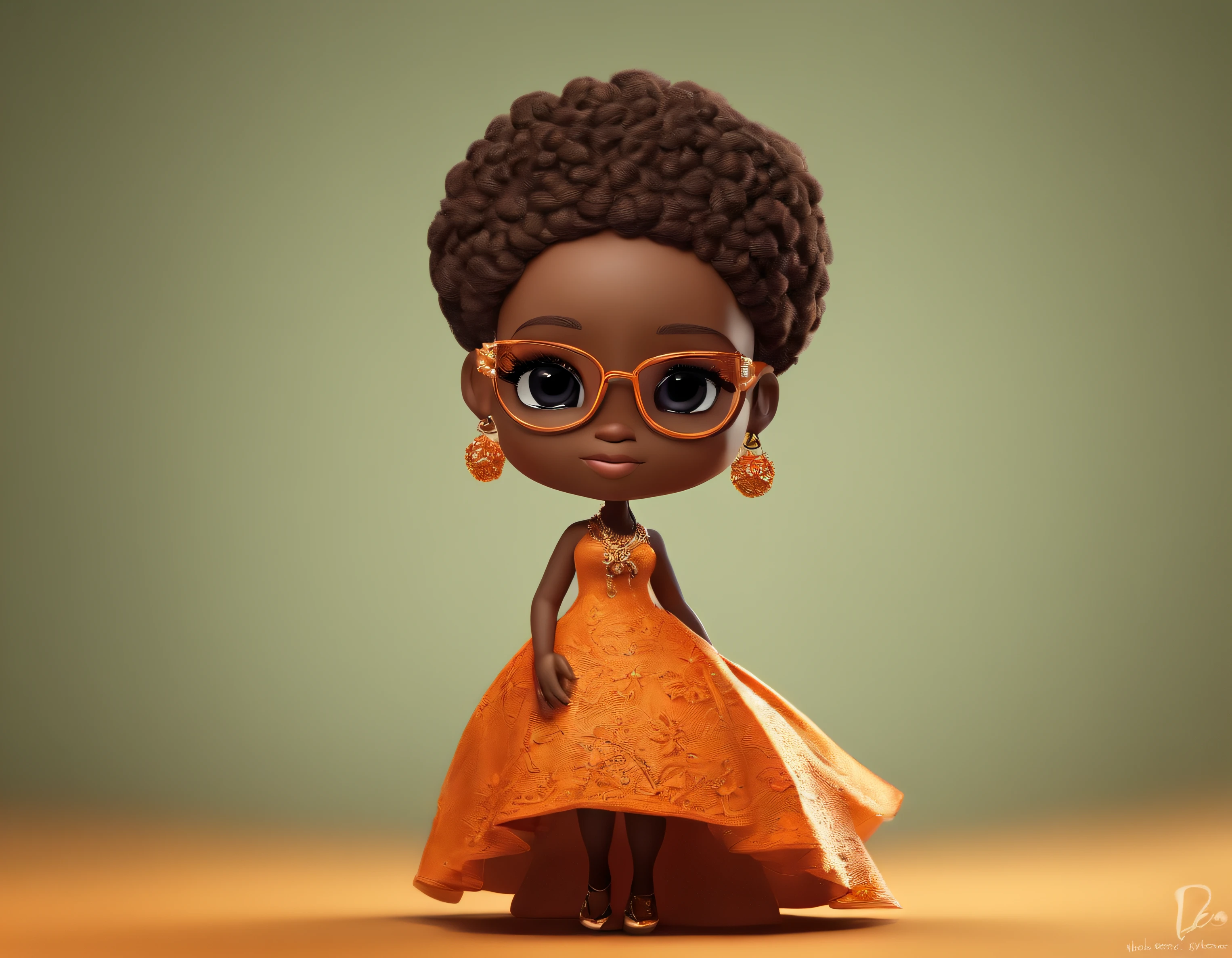 menina africana, cabelo cacheado, chibi, corpo inteiro, olhos grandes e castanhos, sentada, Background Silica Color, com vestido laranja, bespectacled, imagem 3d