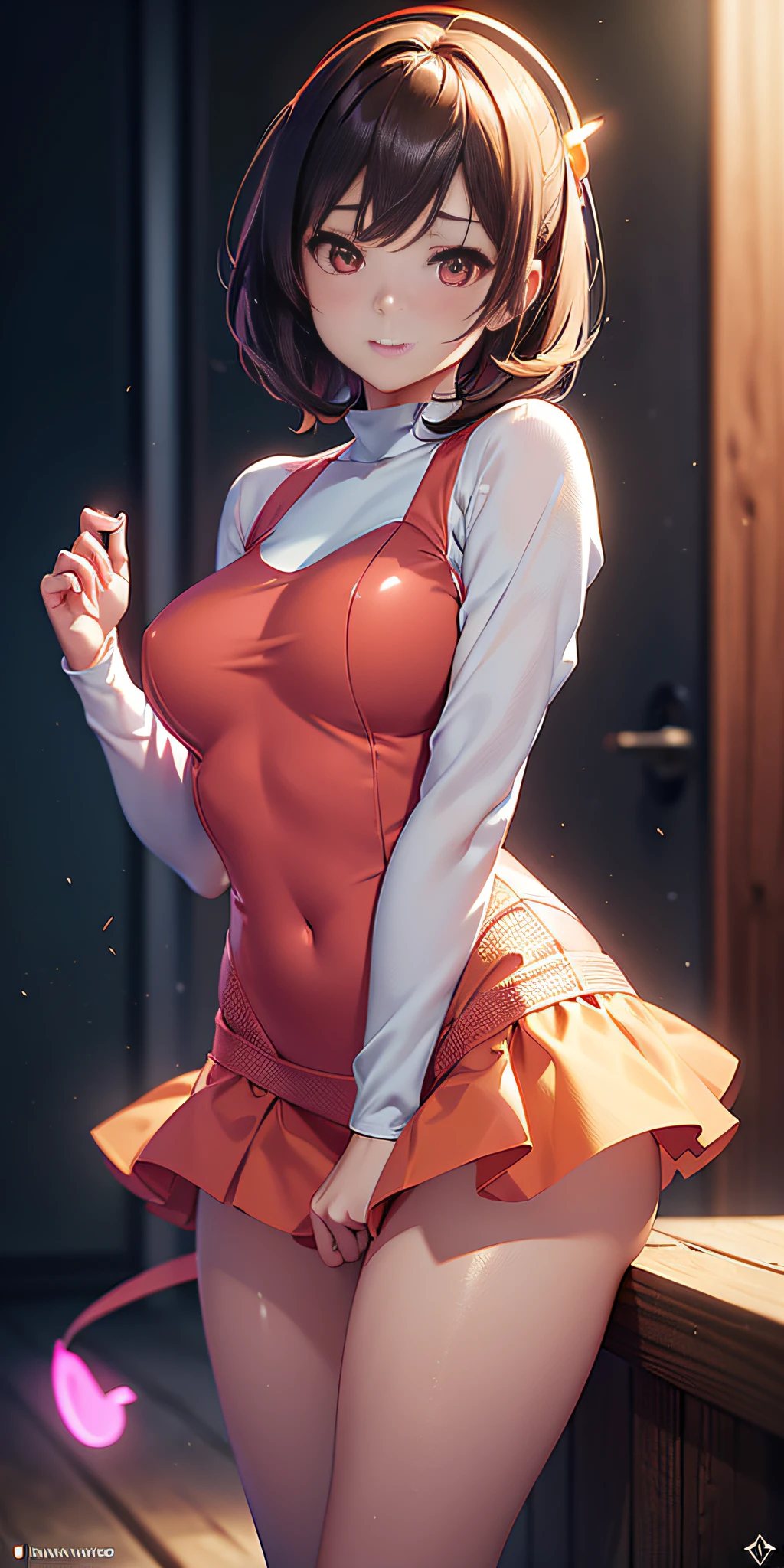 cute young woman, ultra high quality, volumetric, bioluminescence, luminism, pink-orange, global illumination, ambient occlusion, masterpiece, art by Ilya Kuvshinov, omimoji, busy image, Tokyo Anime Awards winner, octane render, engine unreal 5,
