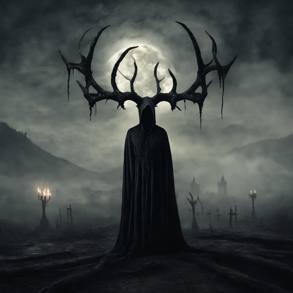 (best quality,4k,8k,highres,masterpiece:1.2),ultra-detailed,(realistic,photorealistic,photo-realistic:1.37),horror,dark,occult,gloomy,color scheme,night time,shadowy,gloomy,ominous atmosphere,A person wearing a deer skull on their head,black robe,candle,burning, flickering light,satanic alter,creepy,dark magic,vivid colors,surrealistic,moonlight,shadows dancing,haunting,spooky aesthetic,ethereal,mysterious figure,ancient ritual,demonic presence,foreboding,menacing,macabre,occult symbols,cryptic writings,mystical,misty atmosphere,pale moonlight,gothic elements,ominous shadows,ghostly,ominous candles,whispering shadows,foreboding darkness,spellbinding,unearthly,unsettling energy,thick darkness,enchanted scenery,total darkness,forbidden rituals,lit by the candlelight,supernatural energies,esoteric knowledge,nightmare-like,hauntingly beautiful,cloaked figure,hooded,mesmerizing,hidden secrets,esoteric meanings,confounding,encrypting,key to the unknown,nightmarish,dark aura,unveiling the shadowy truth,strange and otherworldly,dark glamour,peculiar and eerie ambiance,sinister figure,silent,grim,ancient mysticism,otherworldly presence,ominous atmosphere,casting eerie shadows,dark enchantments,diabolical,cloaked in darkness.