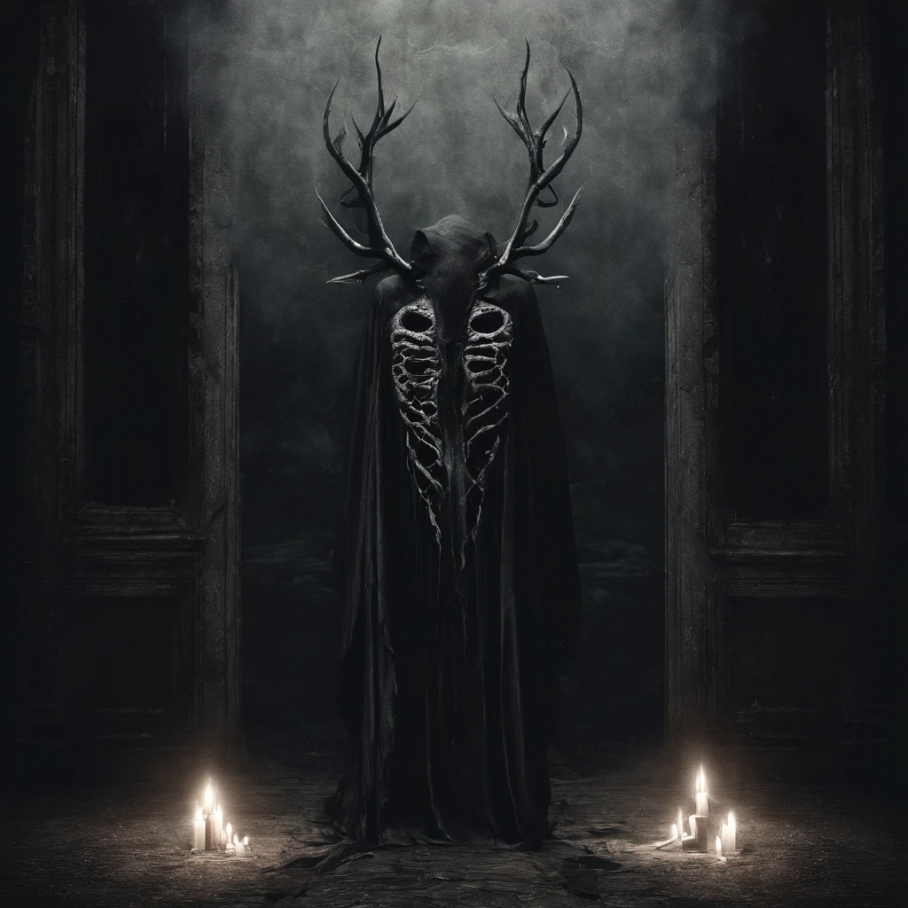 (best quality,4k,8k,highres,masterpiece:1.2),ultra-detailed,(realistic,photorealistic,photo-realistic:1.37),horror,dark,occult,gloomy,color scheme,night time,shadowy,gloomy,ominous atmosphere,A person wearing a deer skull on their head,black robe,candle,burning, flickering light,satanic alter,creepy,dark magic,vivid colors,surrealistic,moonlight,shadows dancing,haunting,spooky aesthetic,ethereal,mysterious figure,ancient ritual,demonic presence,foreboding,menacing,macabre,occult symbols,cryptic writings,mystical,misty atmosphere,pale moonlight,gothic elements,ominous shadows,ghostly,ominous candles,whispering shadows,foreboding darkness,spellbinding,unearthly,unsettling energy,thick darkness,enchanted scenery,total darkness,forbidden rituals,lit by the candlelight,supernatural energies,esoteric knowledge,nightmare-like,hauntingly beautiful,cloaked figure,hooded,mesmerizing,hidden secrets,esoteric meanings,confounding,encrypting,key to the unknown,nightmarish,dark aura,unveiling the shadowy truth,strange and otherworldly,dark glamour,peculiar and eerie ambiance,sinister figure,silent,grim,ancient mysticism,otherworldly presence,ominous atmosphere,casting eerie shadows,dark enchantments,diabolical,cloaked in darkness.