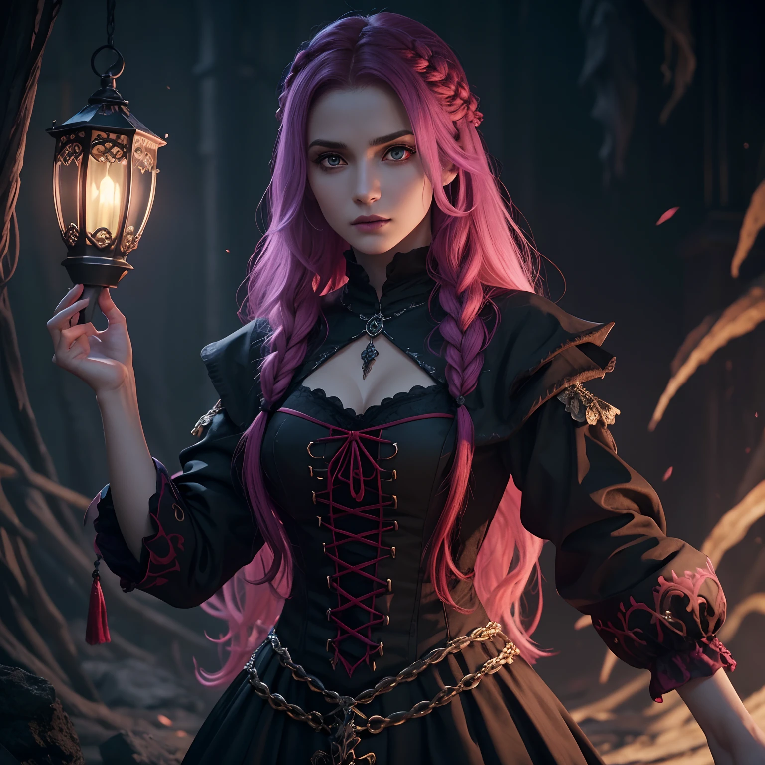 Woman, jellyfish, (Feudal Middle Ages:1.1), Slavic appearance, (longo liso roxo gradiente de cabelo pro vermelho), (Olhos vermelhos), (look of strong expression), batom roxo, pele clara, (Black Gothic clothes with red details:1.1), Yellow scales on the hands, Cinematic lighting, mystic atmosphere, Dynamic focus, ultra realidade, ultra realistic, ultra qualidade, real, Textura real:1.1, Roupas realistas:1.1, 8k insanos,  Absurdo,