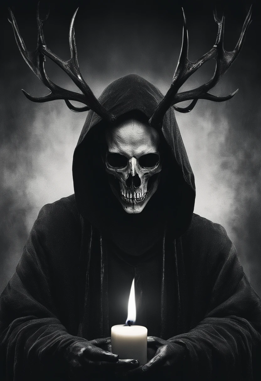 (a person wearing a black hooded robe and a satanic deer skull,a wax candle),(best quality,highres,gloomy,horror,satanic,dark color scheme),dimly lit background,gloomy atmosphere,flickering candle light,creepy vibes,detailed robe texture,dark and mysterious,haunting shadows,spooky aura,sinister expression in the eyes,subtle glow on the candle flame, cinematic camera angle