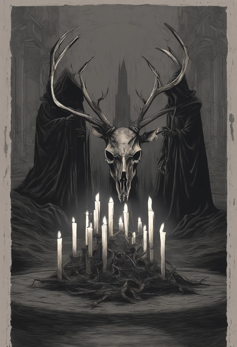 (a person wearing a black hooded robe and a satanic deer skull,a wax candle),(best quality,highres,gloomy,horror,satanic,dark color scheme),dimly lit background,gloomy atmosphere,flickering candle light,creepy vibes,detailed robe texture,dark and mysterious,haunting shadows,spooky aura,sinister expression in the eyes,subtle glow on the candle flame, cinematic camera angle