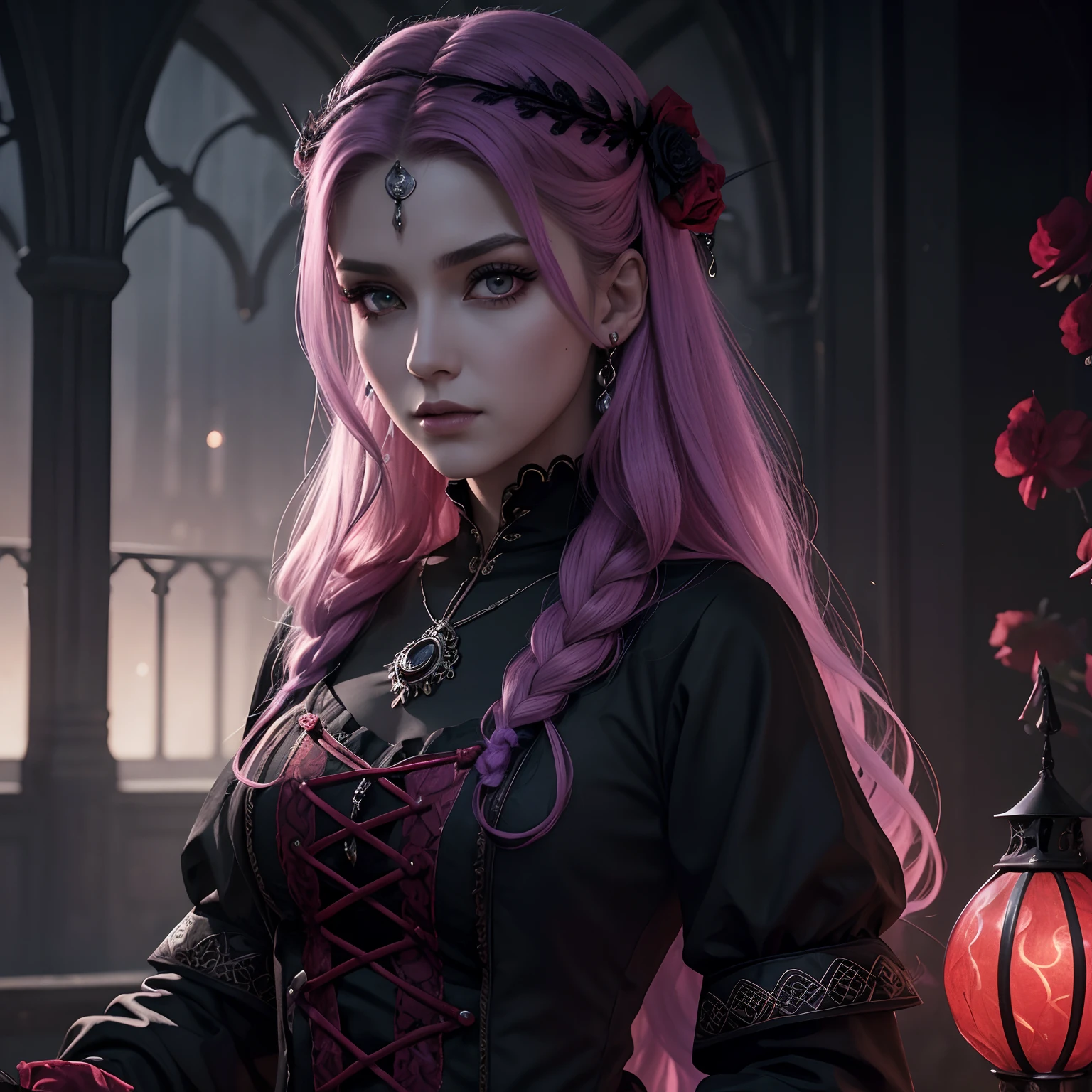 Woman, jellyfish, (Feudal Middle Ages:1.1), Slavic appearance, (longo liso roxo gradiente de cabelo pro vermelho), (Olhos vermelhos), (look of strong expression), batom roxo, pele clara, (Black Gothic clothes with red details:1.1), Yellow scales on the hands, Cinematic lighting, mystic atmosphere, Dynamic focus, ultra realidade, ultra realistic, ultra qualidade, real, Textura real:1.1, Roupas realistas:1.1, 8k insanos, Absurdo,