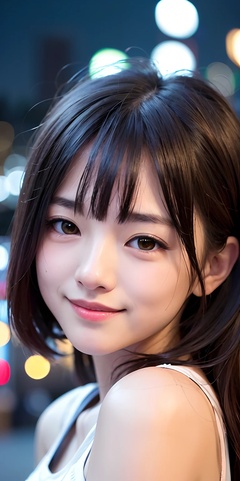 1girl, Tokyo street,night, cityscape,city lights,upper body,close-up,smile,, (8k, RAW photo, best quality, masterpiece:1.2),(realistic, photo-realistic:1.37),