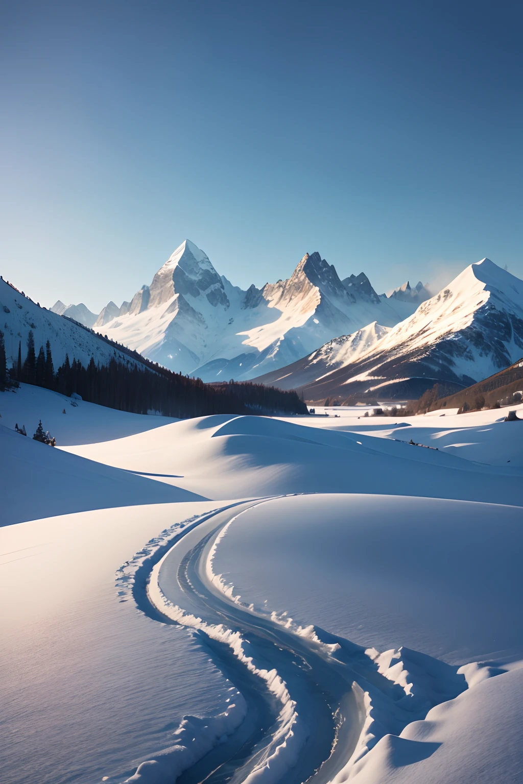 In the distance are majestic snow-capped mountains,The sky is dark blue,4K Ultra HD, 超高分辨率, (Photorealistic: 1.4), Best quality,Masterpiece,(pastel colour:1.2)