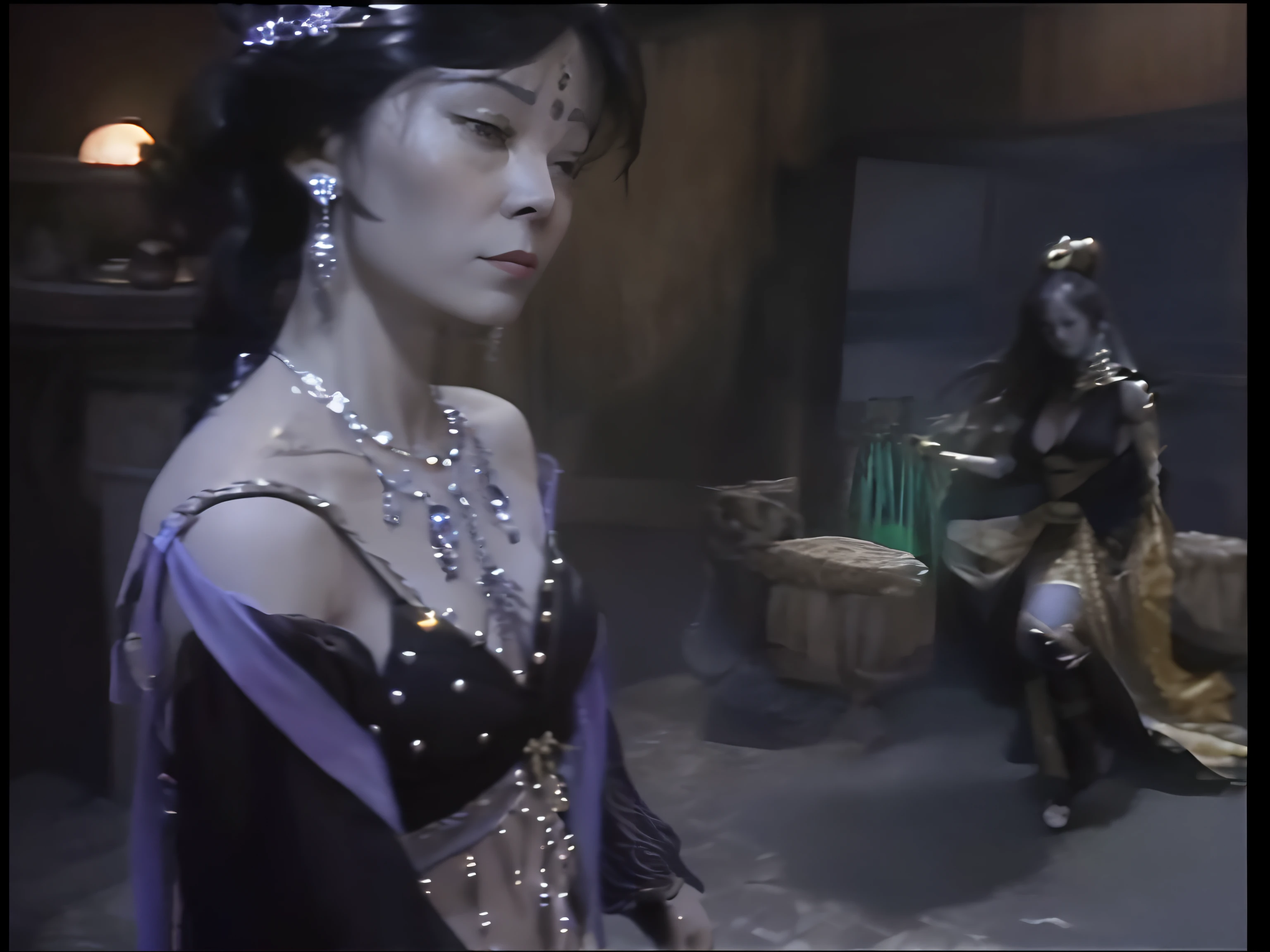 There is a witch in a belly dancing bikini standing in the room, Bare waist and shoulders and back,Sexy and coquettish,Big chest,heavy makeups,fantasy movie still, japanese horror movie footage, live-action movie scenes, movie screencap, still from live action movie,, movie screen shot, japanese vfx