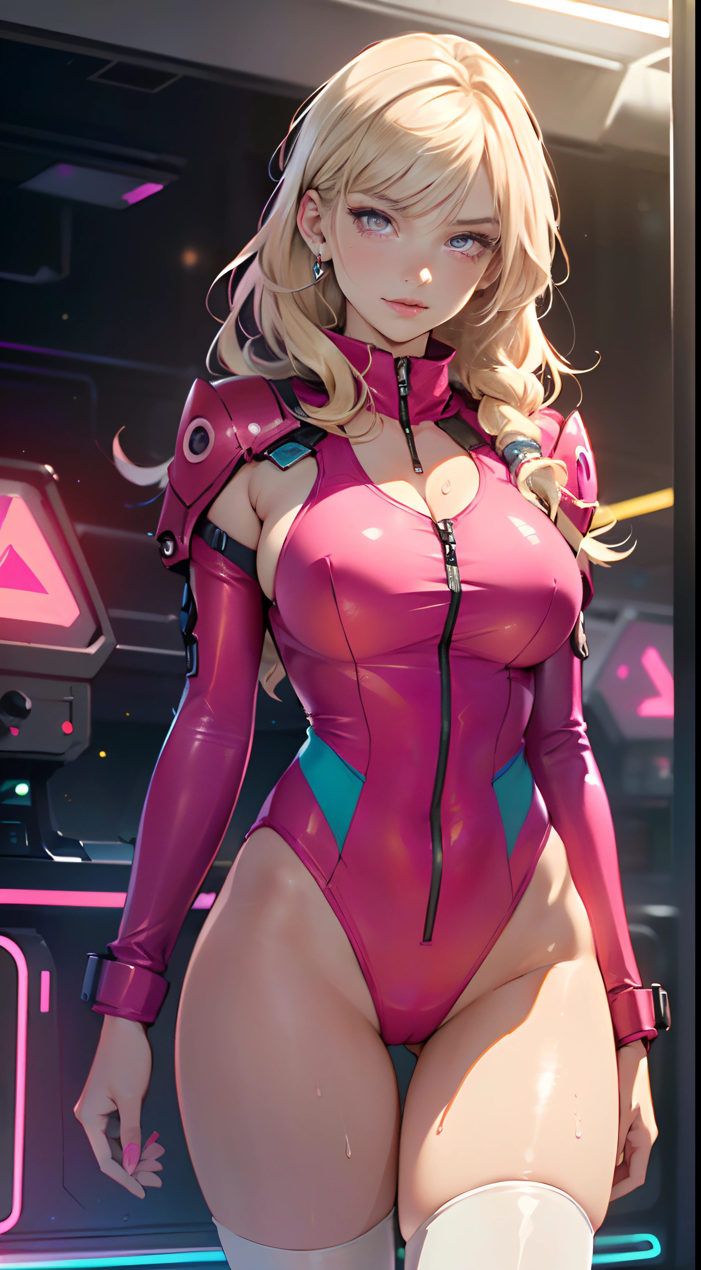 girl swimmer,((girl with extremely cute and beautiful blonde hair)),
(large breasts:1.4),saggy breasts,(((very light blonde hair:1.35,straight hair,long hair:1.4,colored inner hair,ear breathing))),(((neon_pink_eyes:1.3))),intricate eyes, sharply defined, sharp focus, beautiful detailed eyes,symmetrical eyes,((fat)),(((lustrous skin:1.5,bright skin: 1.5,skin tanned,shiny skin,very shiny skin,shiny body,plastic glitter skin,exaggerated shiny skin,illuminated skin, wet legs))),(spider lower abdomen,narrow waist,wide hip,athletic body,inflated legs,detailed body,(detailed face)),
cute,slutty,seductive,erotic,(((nsfw))),
zettai ryouiki,((one-piece_swimsuit magenta,wearing a one-piece_swimsuit outfit:1.3,swimsuit type spacesuit,magenta armor swimsuit:1.3)),((wet clothes,intricate outfit,intricate clothes)),
(dynamic pose:1.0),embarrassed,(centered,scale to fit dimensions,Rule of thirds),
cyberpunk city by the ocean at night, with bright neon signs and dark stormy clouds and puddles, scenery:1.25,
artistic photography,(photography taken by sldr),highres, sharp focus, (ultra detailed, extremely detailed), (photorealistic artwork:1.37),(extremely detailed CG unity 8k wallpaper),((synthwave background theme)),(((vibrant colors))),(intricate background),(masterpiece),(best quality),