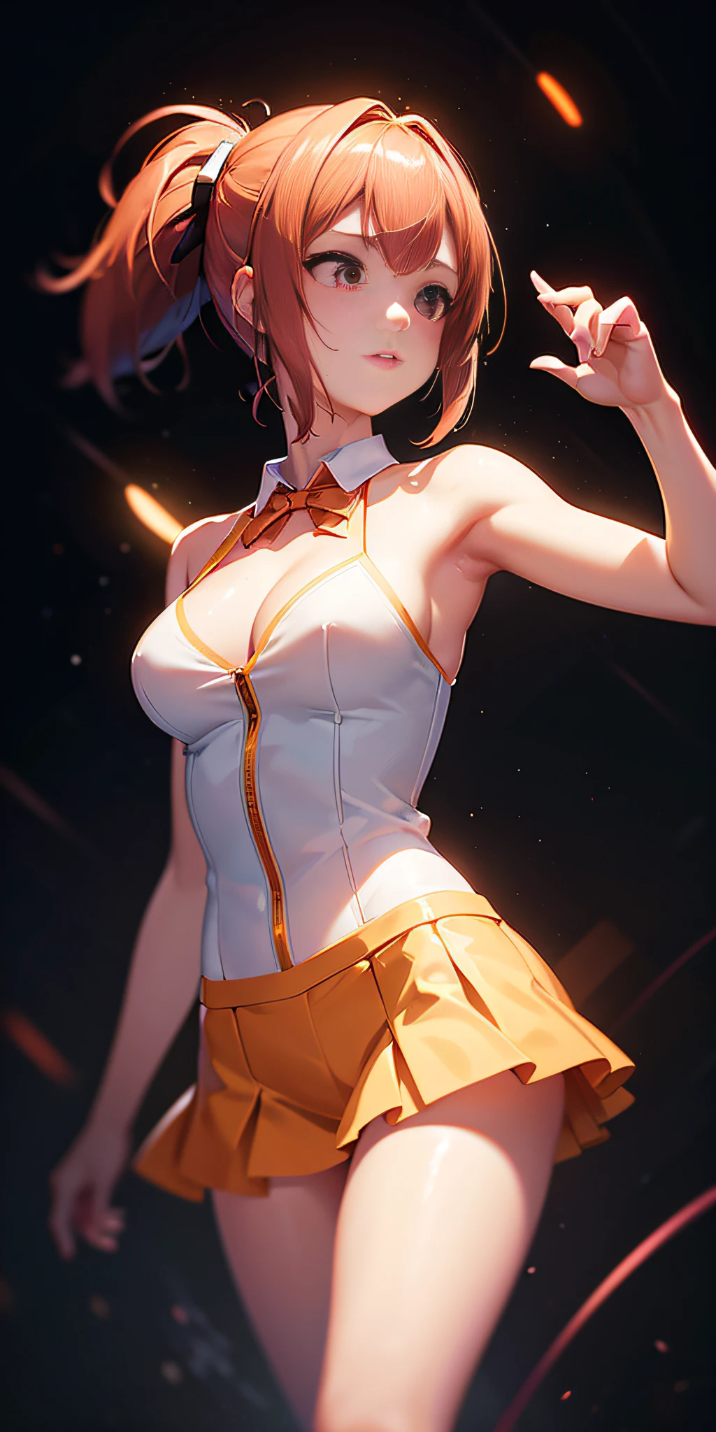 cute young woman, ultra high quality, volumetric, bioluminescence, luminism, pink-orange, global illumination, ambient occlusion, masterpiece, art by Ilya Kuvshinov, omimoji, busy image, Tokyo Anime Awards winner, octane render, engine unreal 5,
