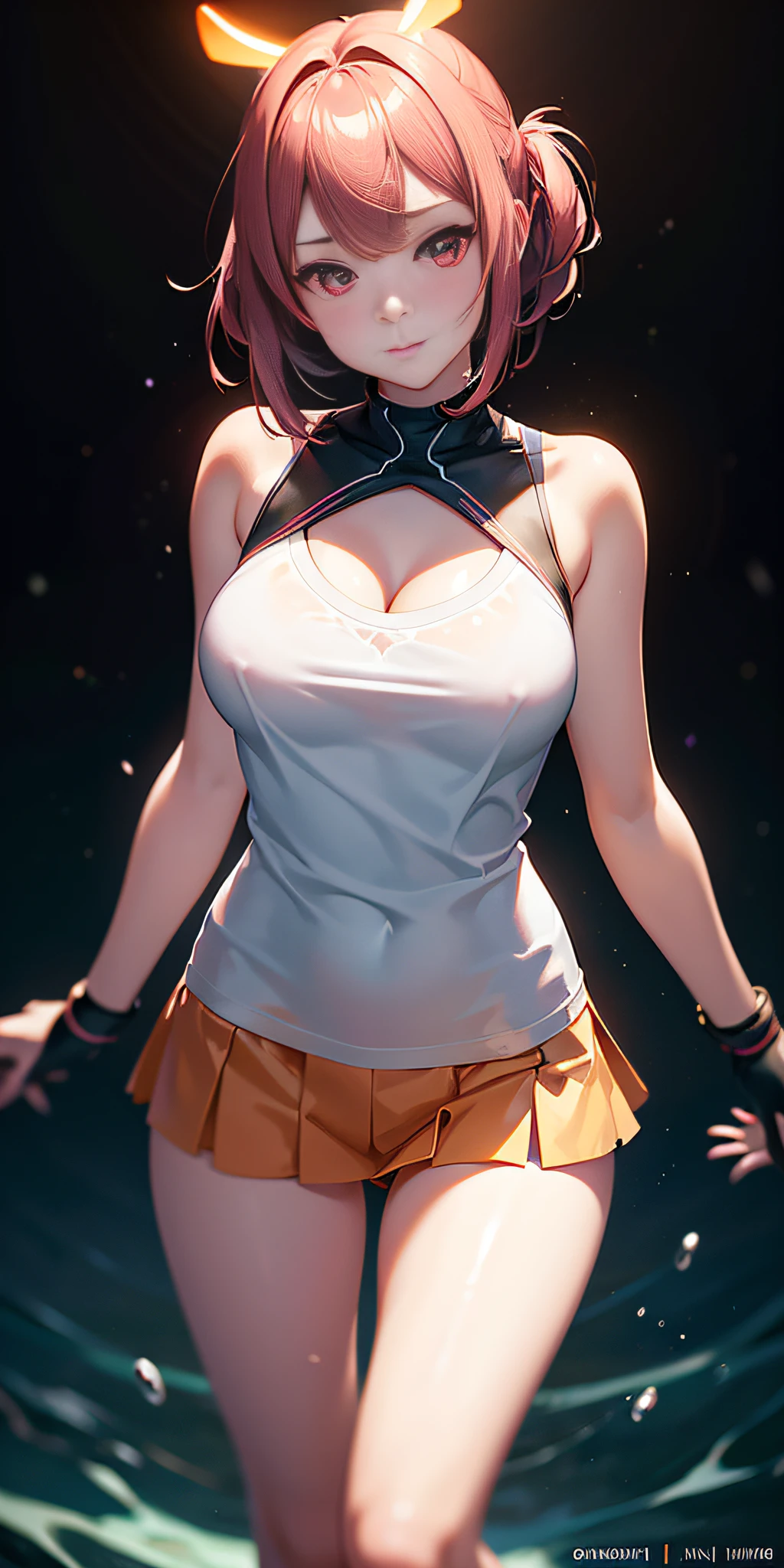 cute young woman, ultra high quality, volumetric, bioluminescence, luminism, pink-orange, global illumination, ambient occlusion, masterpiece, art by Ilya Kuvshinov, omimoji, busy image, Tokyo Anime Awards winner, octane render, engine unreal 5,